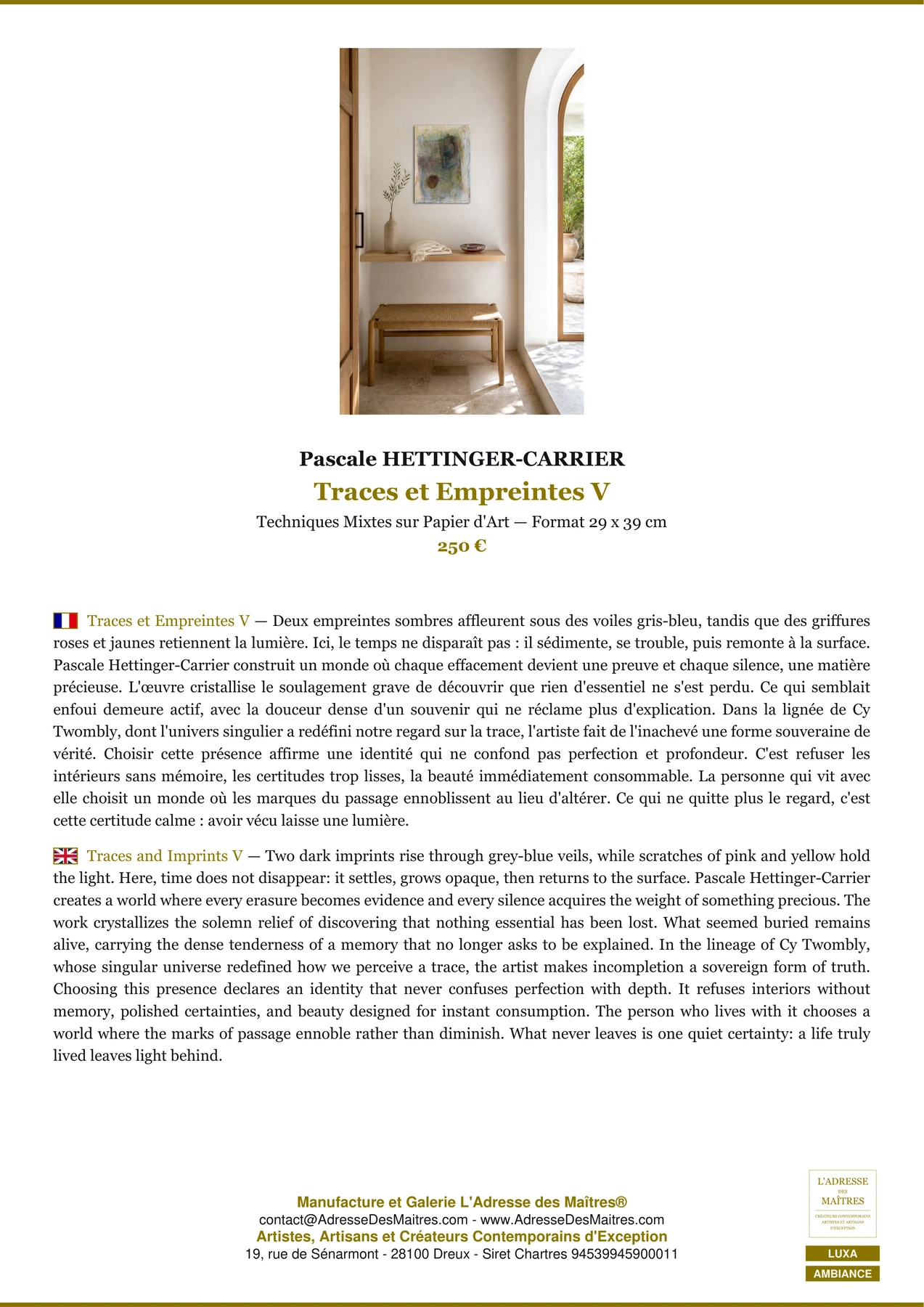 Fiche Premium Ambiance - Traces et Empreintes V - Pascale HETTINGER-CARRIER - L'Adresse des Maîtres®