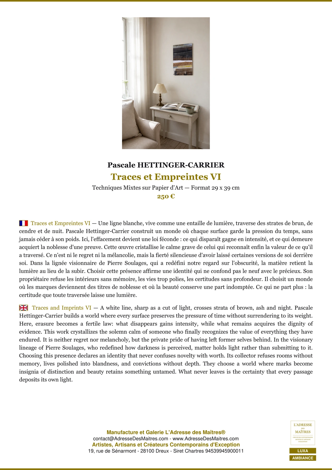 Fiche Premium Ambiance - Traces et Empreintes VI - Pascale HETTINGER-CARRIER - L'Adresse des Maîtres®
