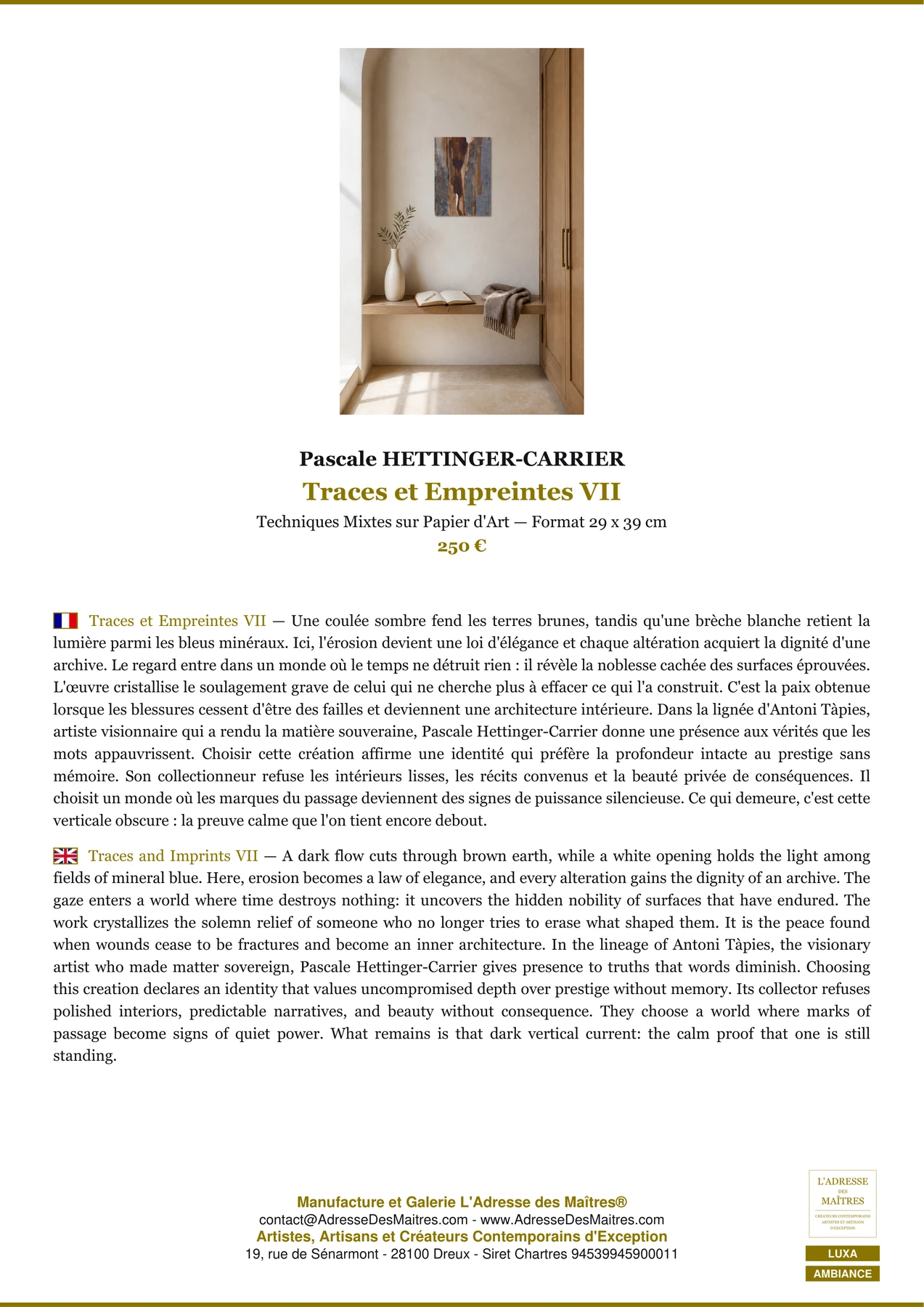 Fiche Premium Ambiance - Traces et Empreintes VII - Pascale HETTINGER-CARRIER - L'Adresse des Maîtres®