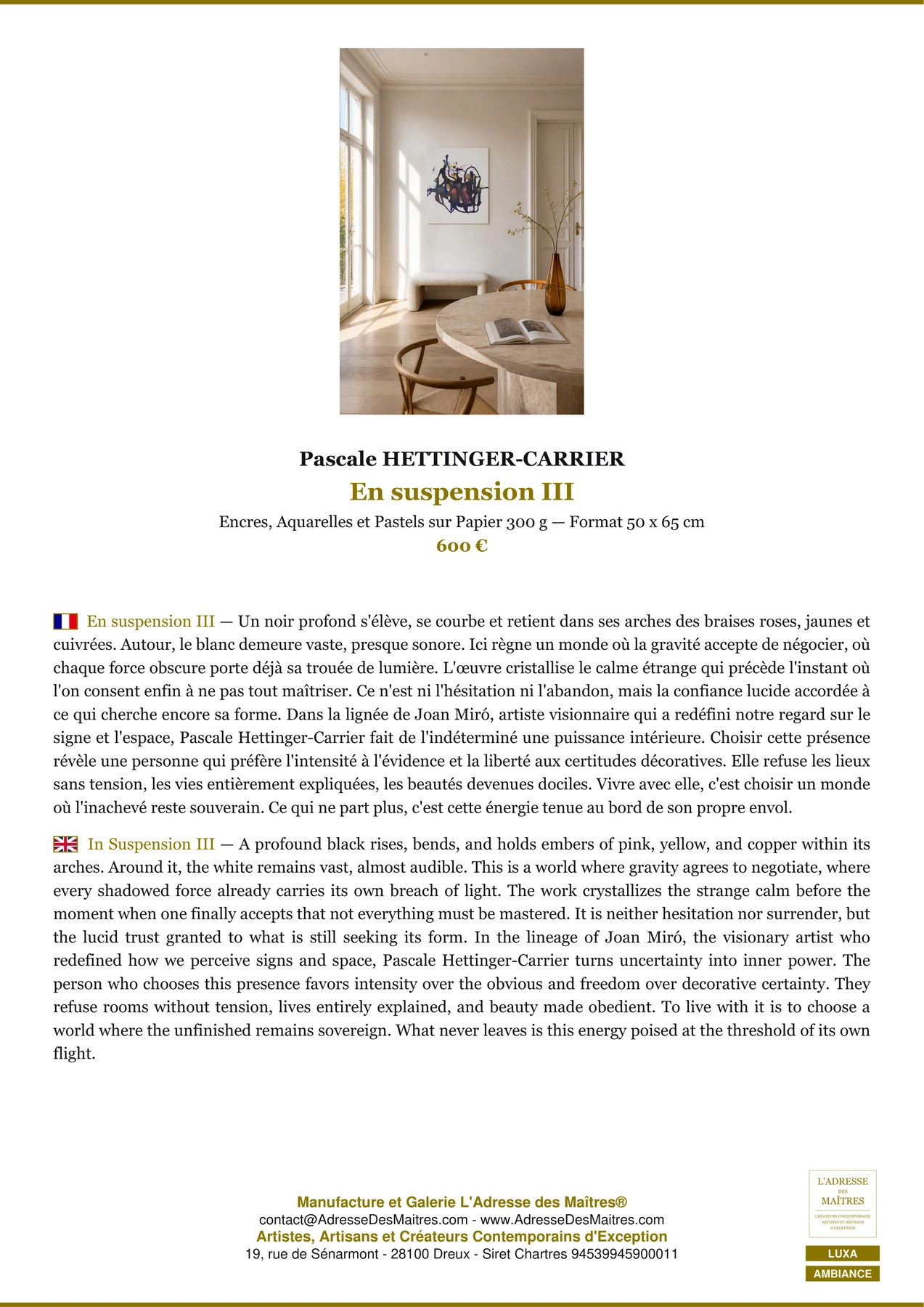 Fiche Premium Ambiance - En suspension III - Pascale HETTINGER-CARRIER - L'Adresse des Maîtres®