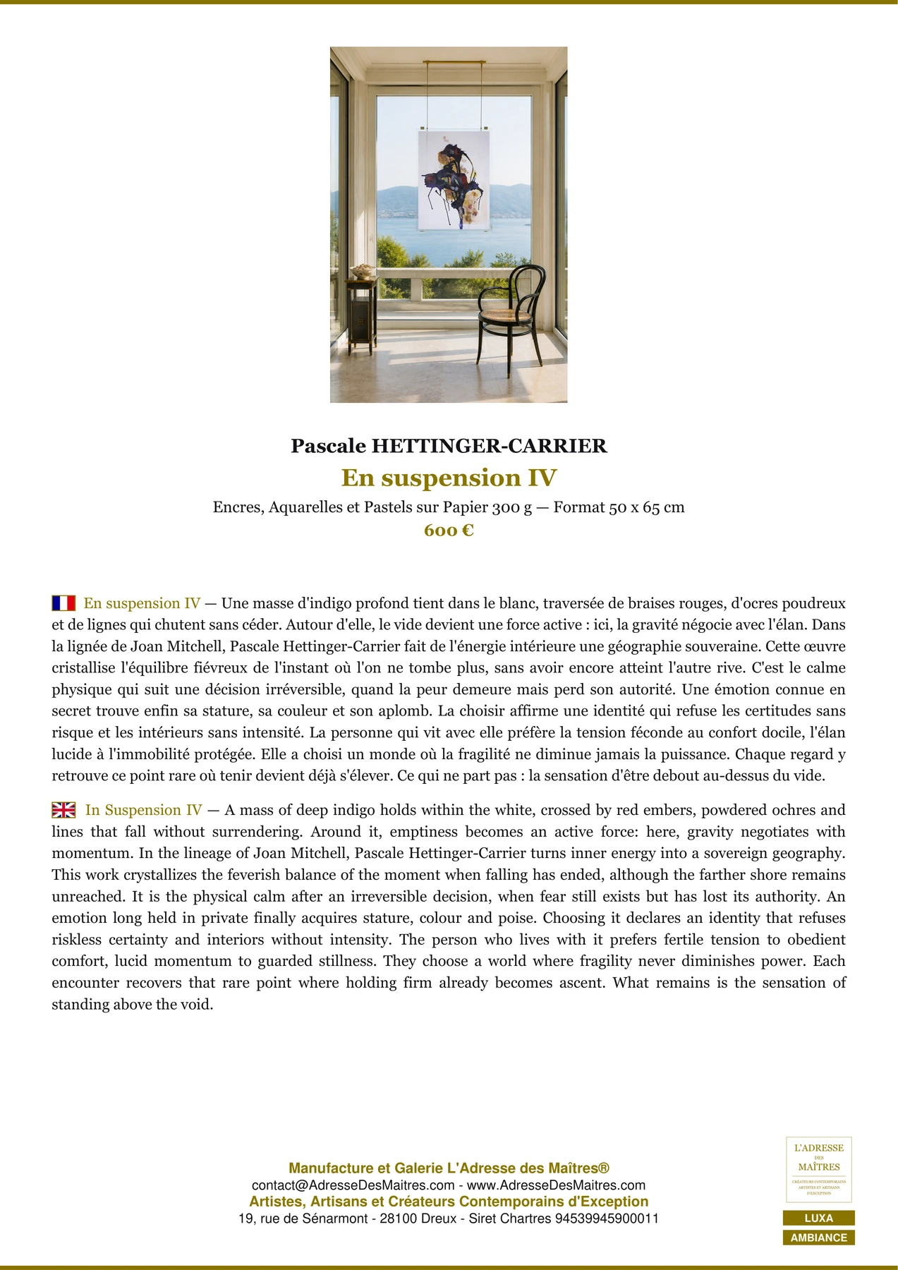 Fiche Premium Ambiance - En suspension IV - Pascale HETTINGER-CARRIER - L'Adresse des Maîtres®