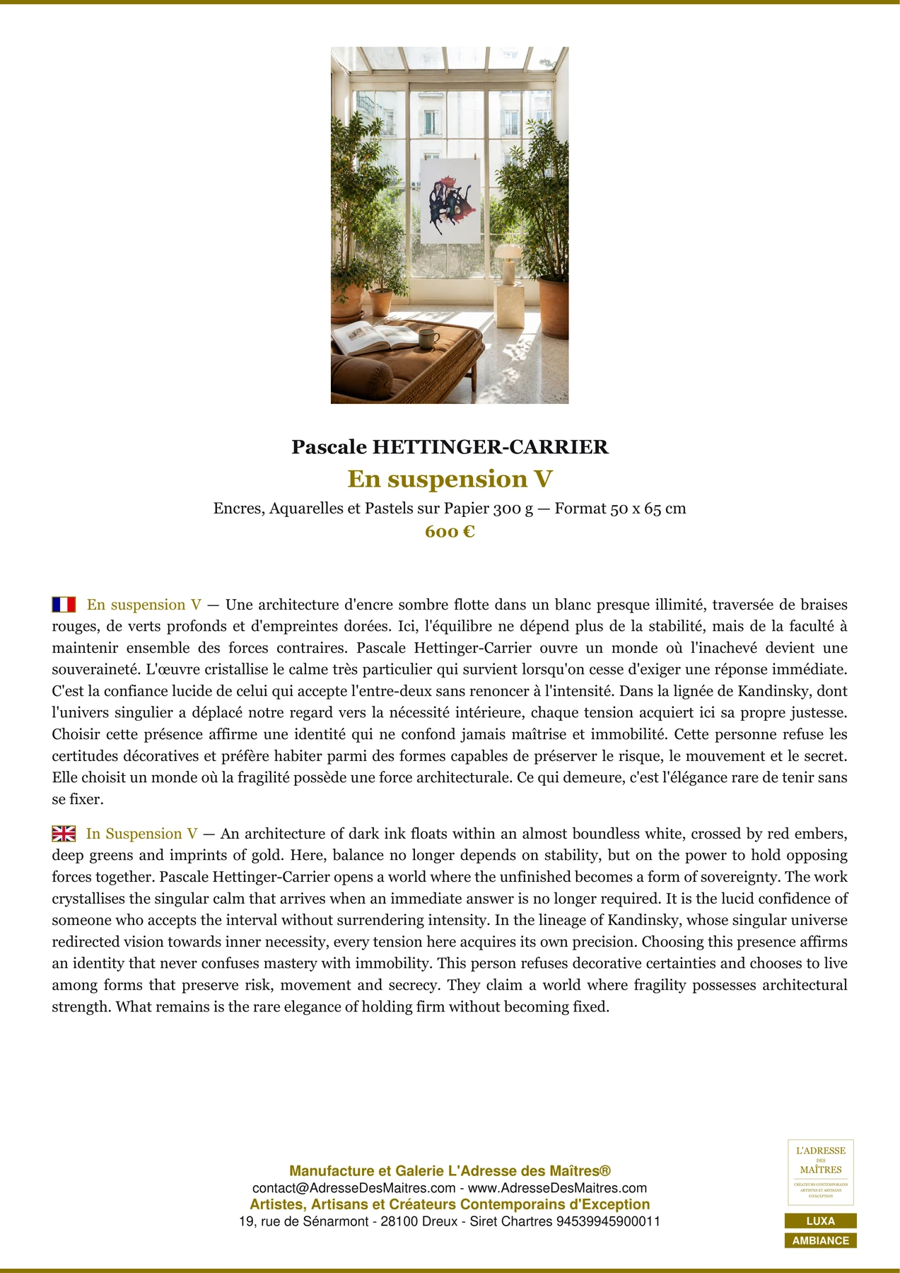 Fiche Premium Ambiance - En suspension V - Pascale HETTINGER-CARRIER - L'Adresse des Maîtres®
