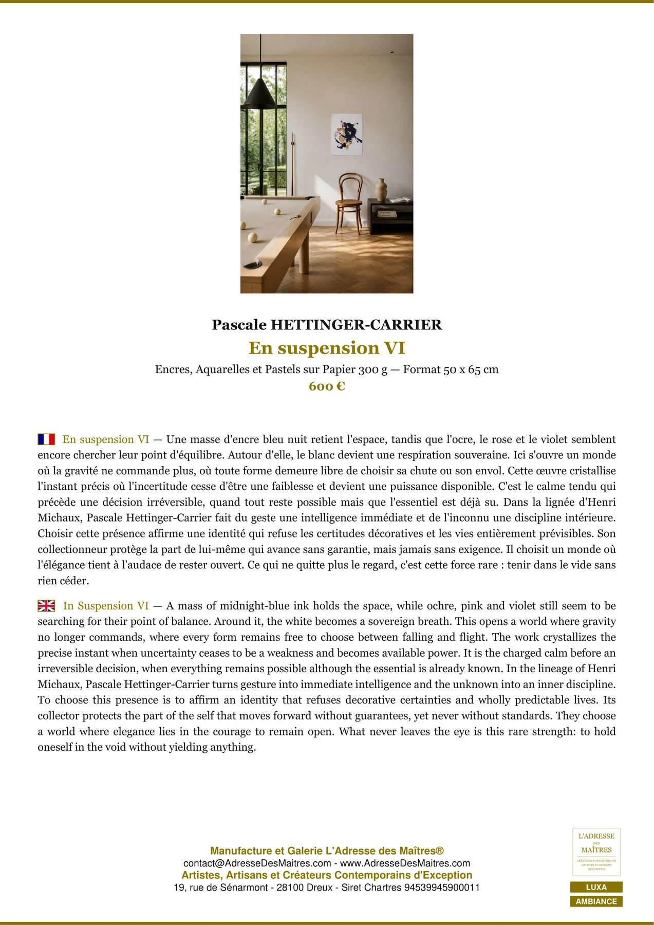 Fiche Premium Ambiance - En suspension VI - Pascale HETTINGER-CARRIER - L'Adresse des Maîtres®