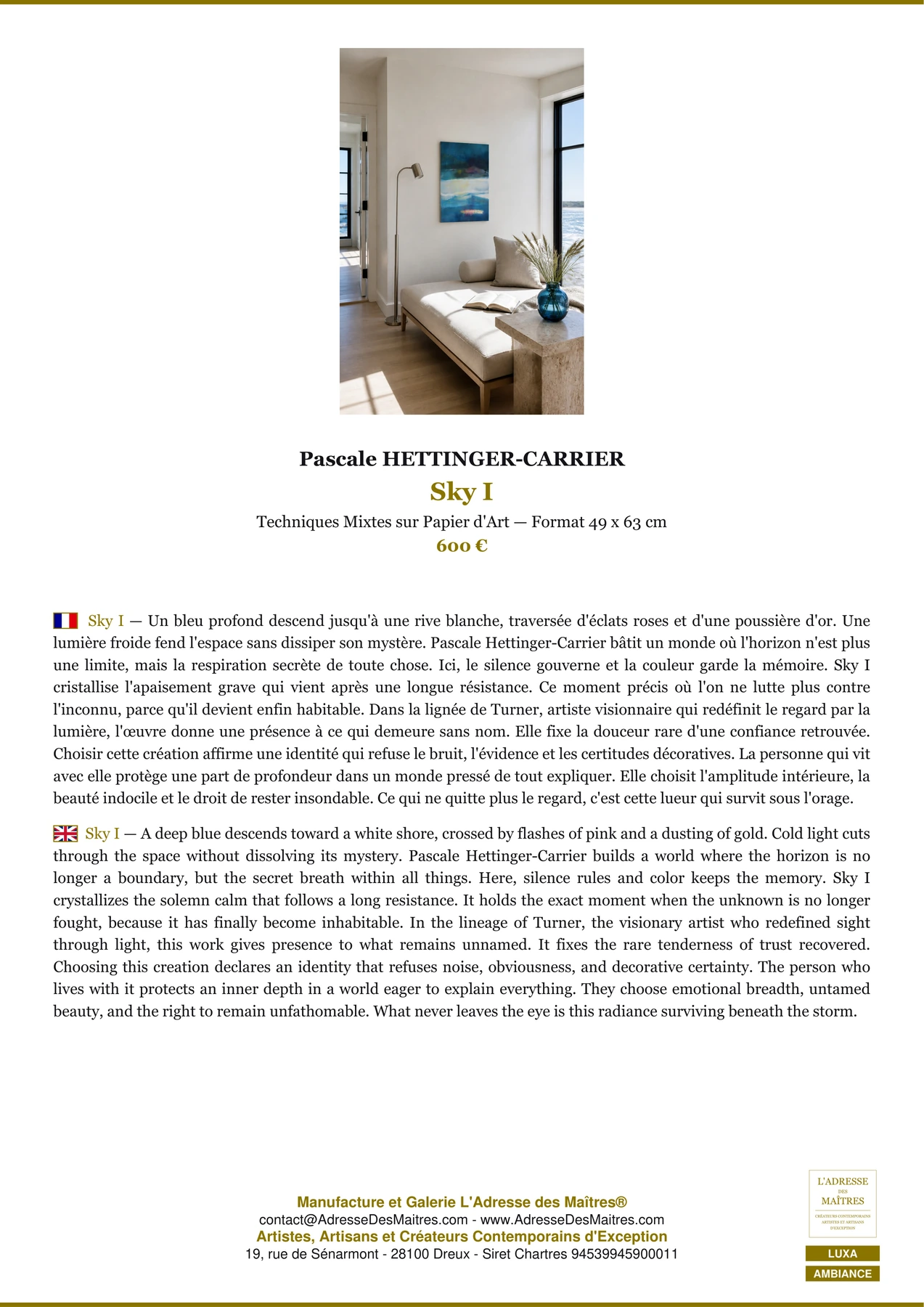 Fiche Premium Ambiance - Sky I - Pascale HETTINGER-CARRIER - L'Adresse des Maîtres®