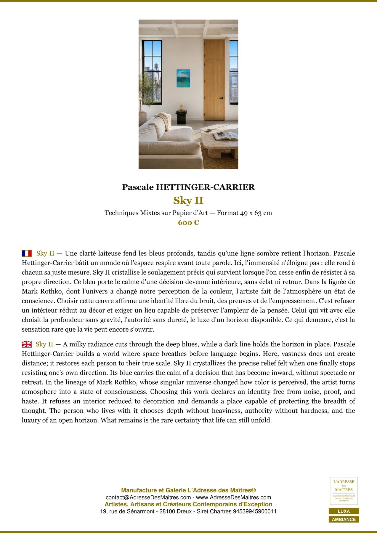 Fiche Premium Ambiance - Sky II - Pascale HETTINGER-CARRIER - L'Adresse des Maîtres®