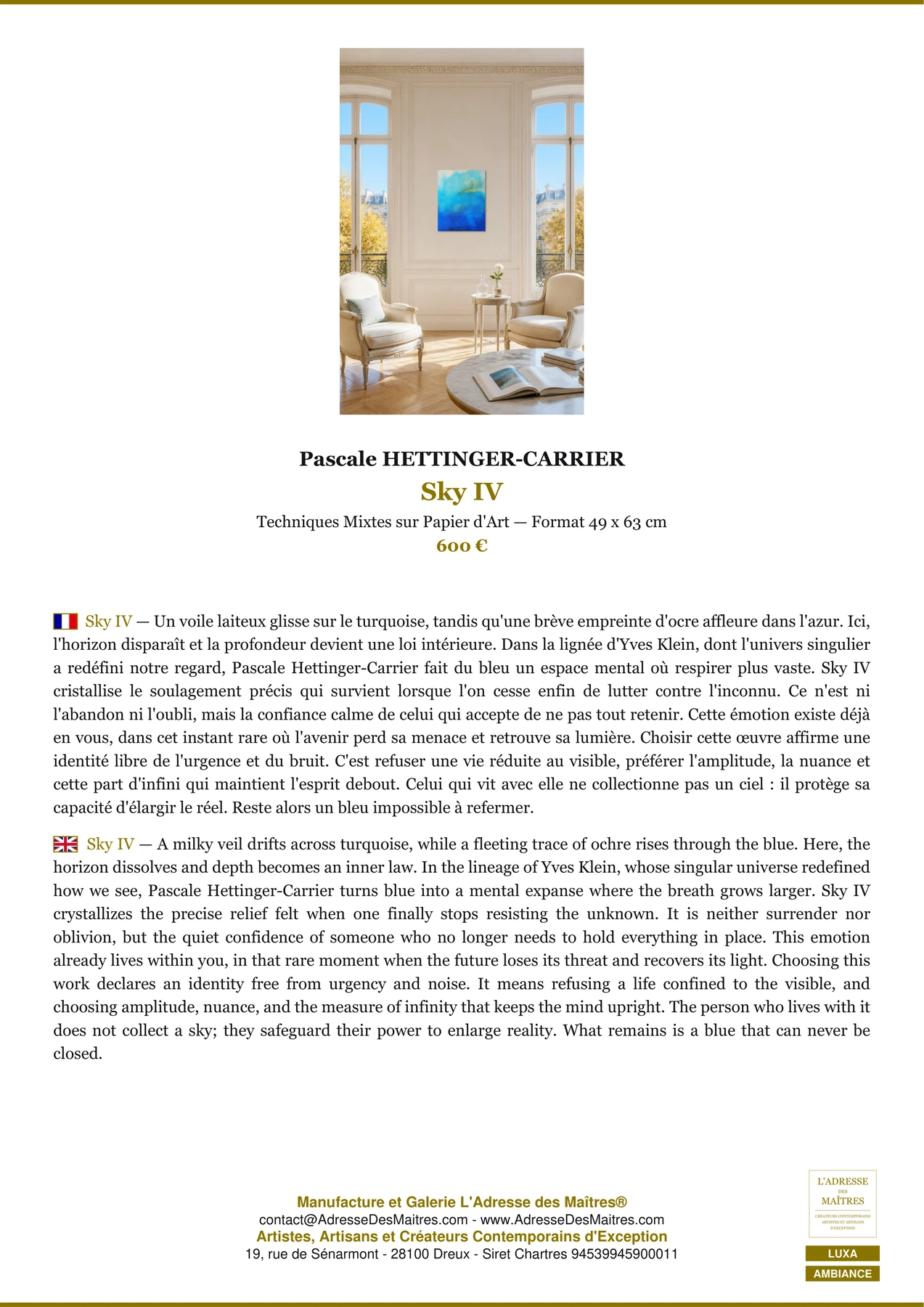 Fiche Premium Ambiance - Sky IV - Pascale HETTINGER-CARRIER - L'Adresse des Maîtres®