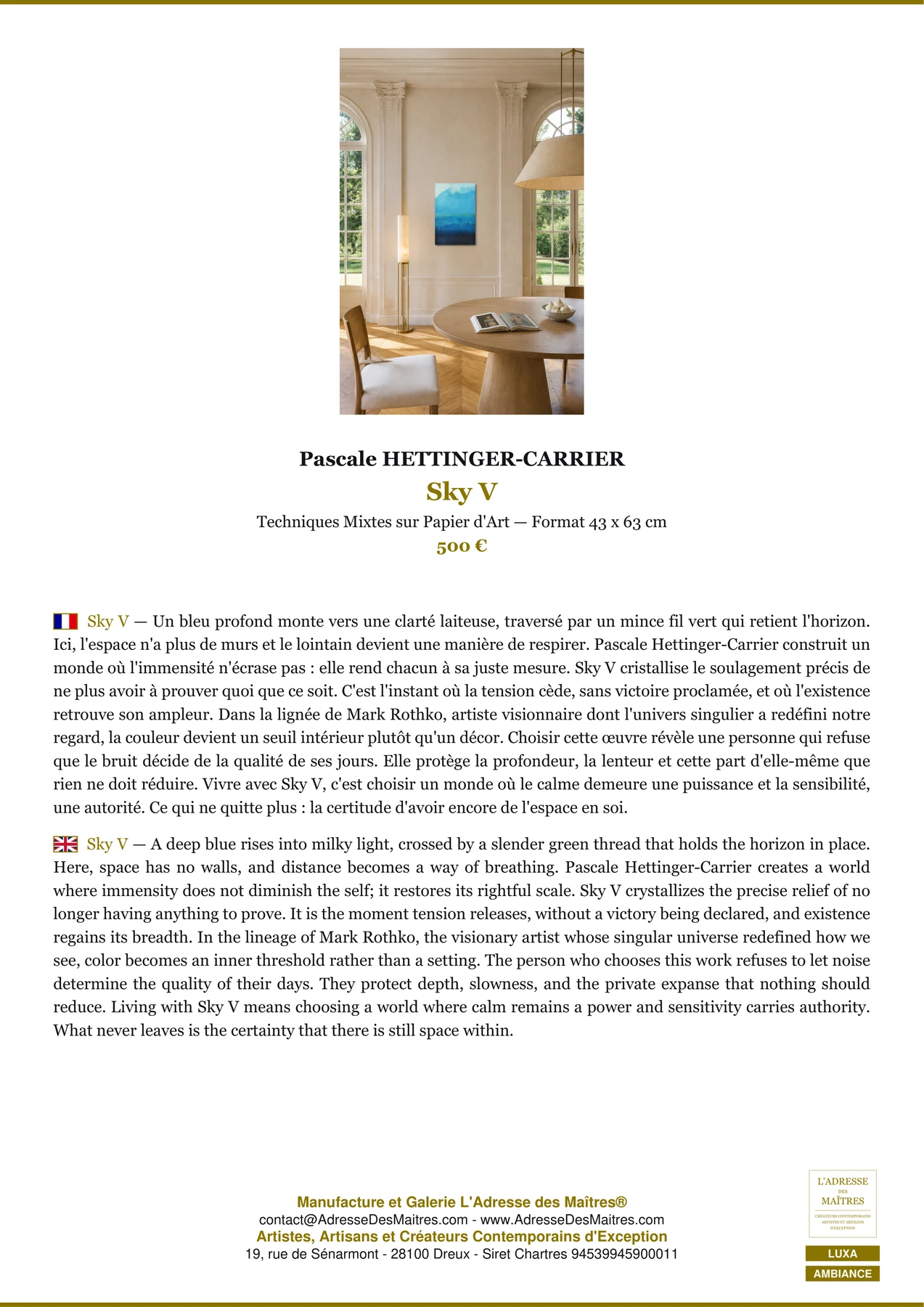 Fiche Premium Ambiance - Sky V - Pascale HETTINGER-CARRIER - L'Adresse des Maîtres®