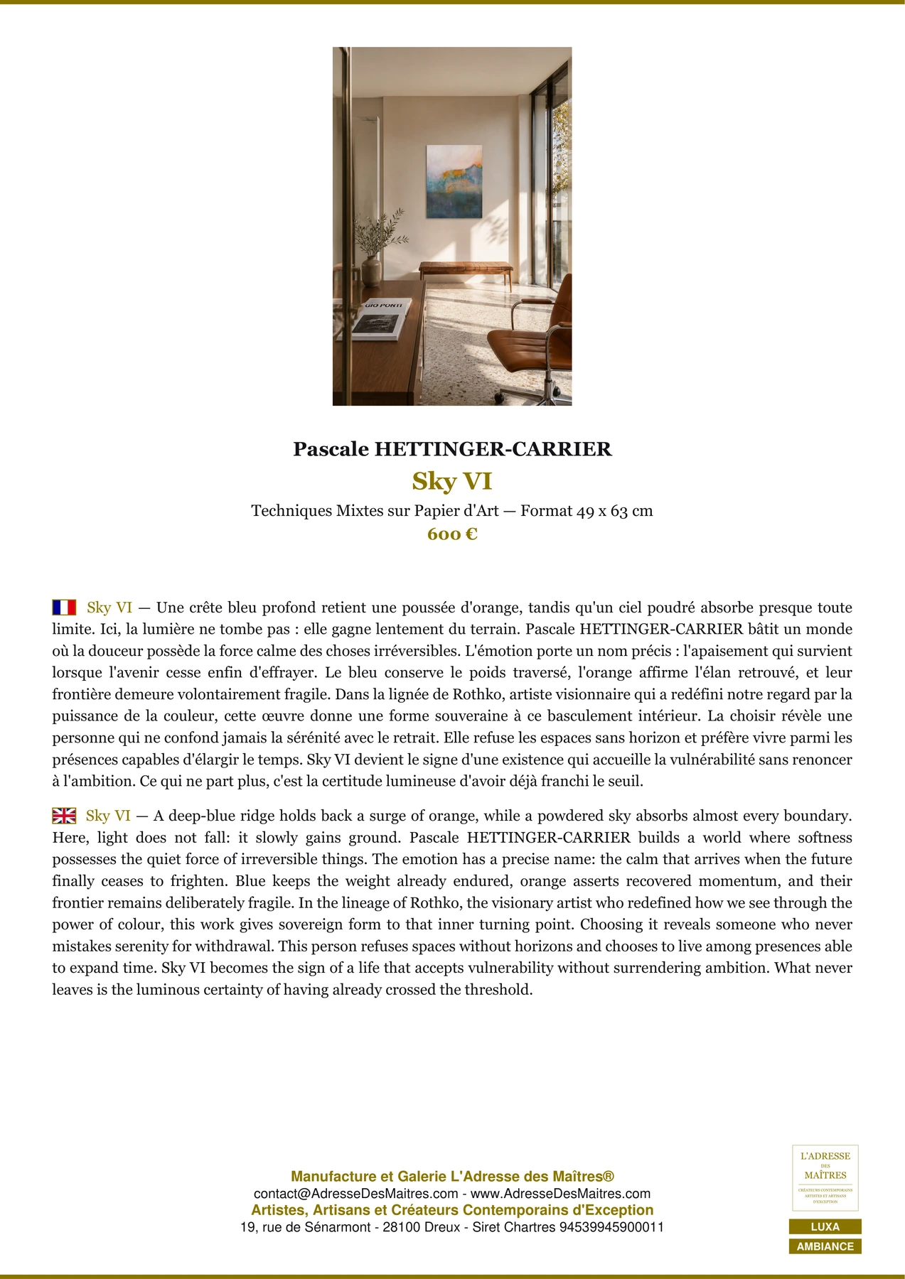 Fiche Premium Ambiance - Sky VI - Pascale HETTINGER-CARRIER - L'Adresse des Maîtres®