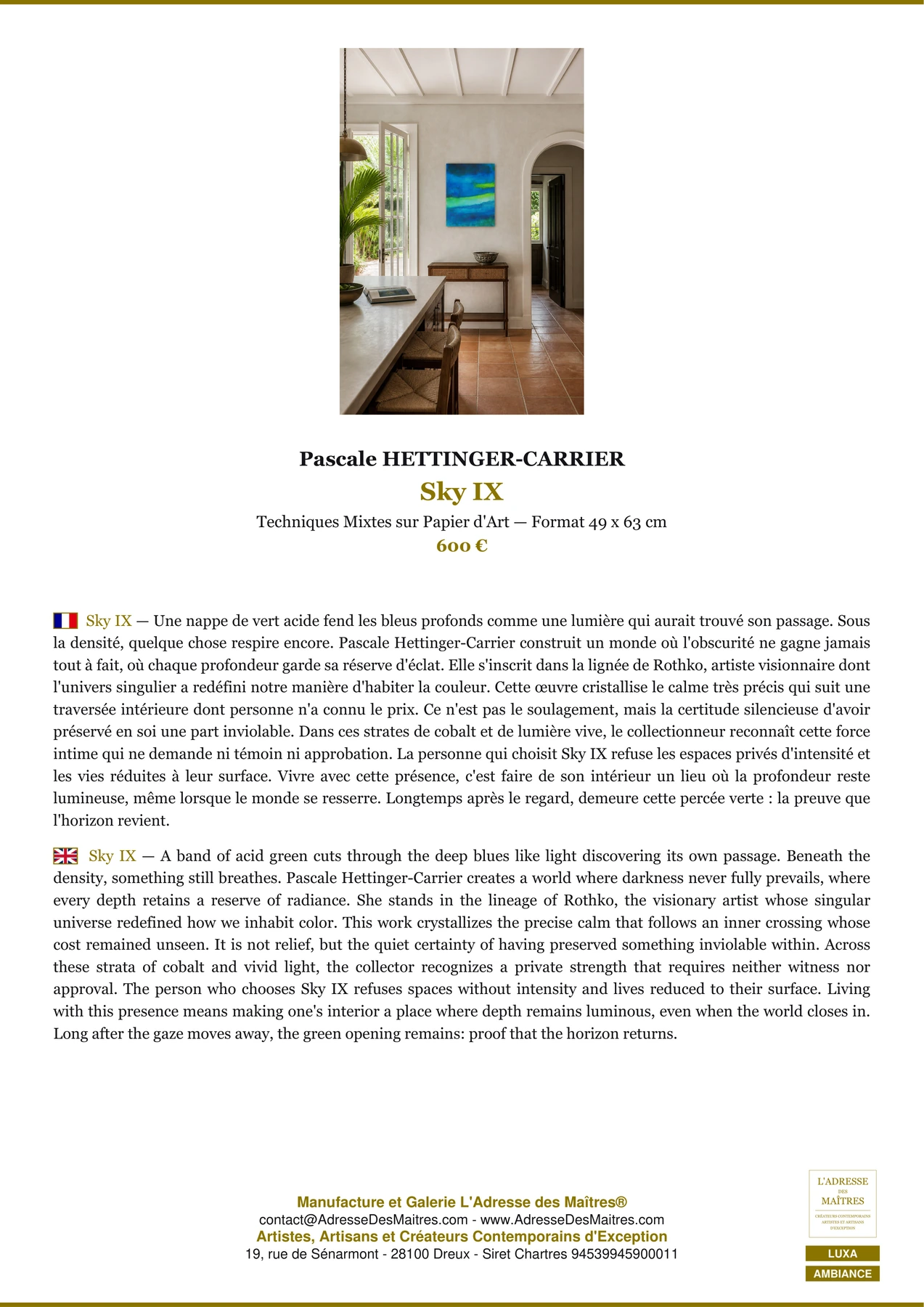 Fiche Premium Ambiance - Sky IX - Pascale HETTINGER-CARRIER - L'Adresse des Maîtres®