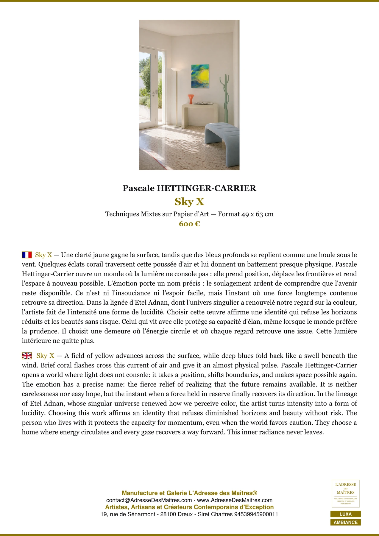 Fiche Premium Ambiance - Sky X - Pascale HETTINGER-CARRIER - L'Adresse des Maîtres®