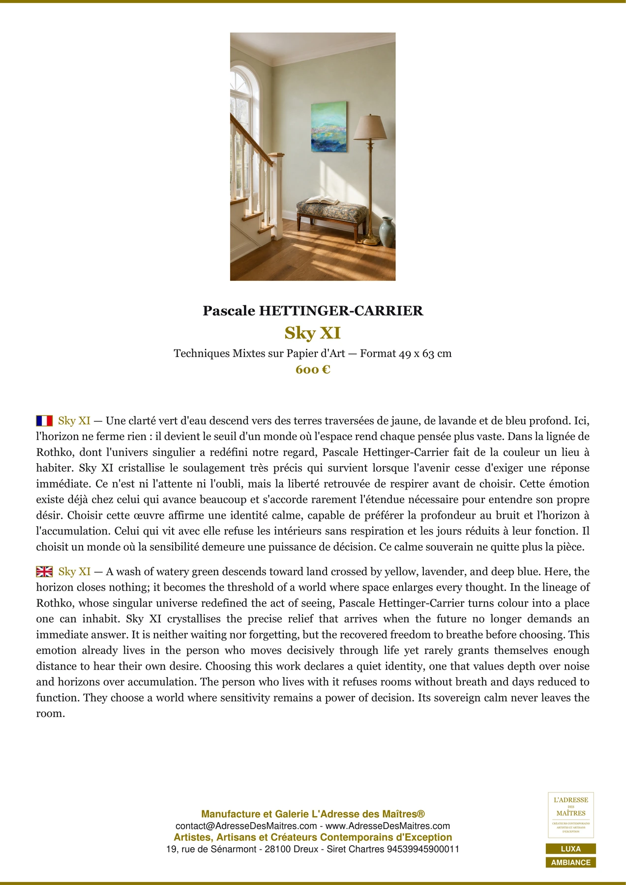 Fiche Premium Ambiance - Sky XI - Pascale HETTINGER-CARRIER - L'Adresse des Maîtres®