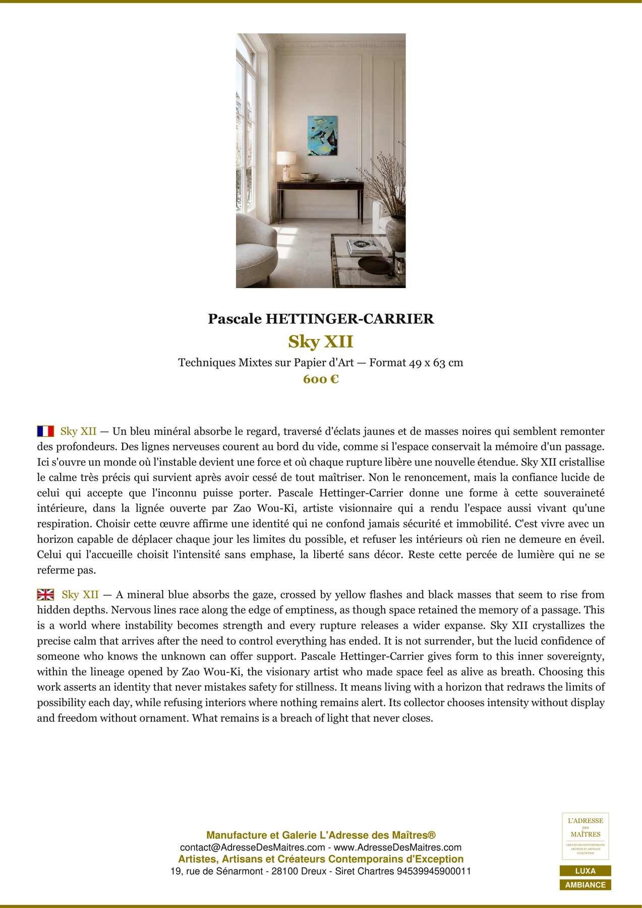 Fiche Premium Ambiance - Sky XII - Pascale HETTINGER-CARRIER - L'Adresse des Maîtres®