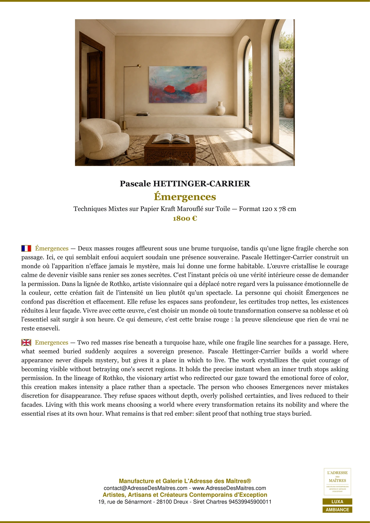 Fiche Premium Ambiance - Émergences - Pascale HETTINGER-CARRIER - L'Adresse des Maîtres®