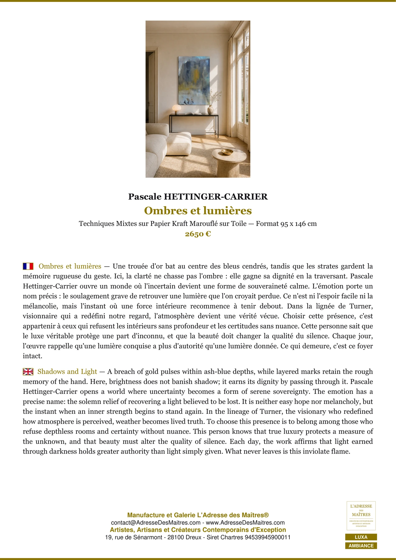 Fiche Premium Ambiance - Ombres et lumières - Pascale HETTINGER-CARRIER - L'Adresse des Maîtres®
