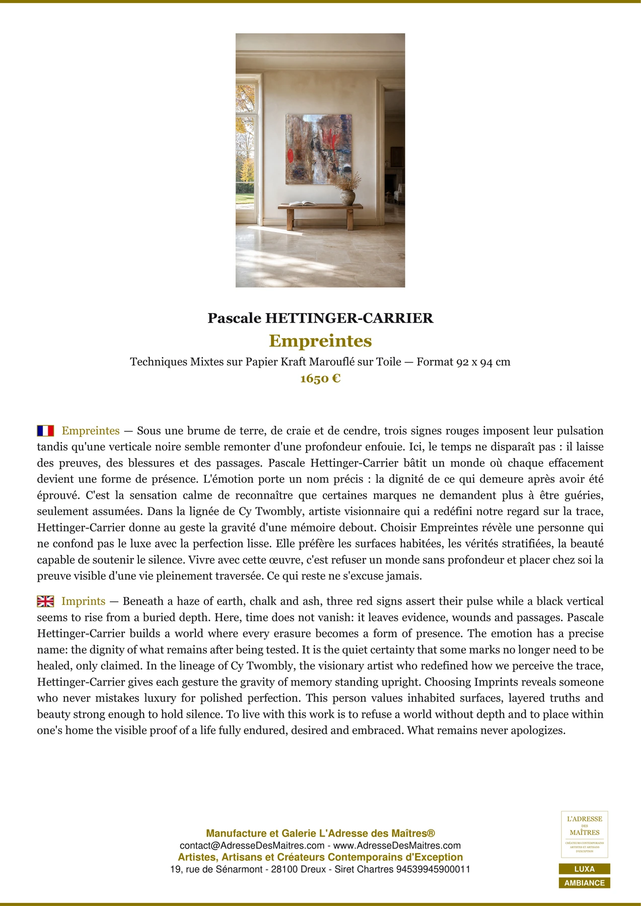 Fiche Premium Ambiance - Empreintes - Pascale HETTINGER-CARRIER - L'Adresse des Maîtres®