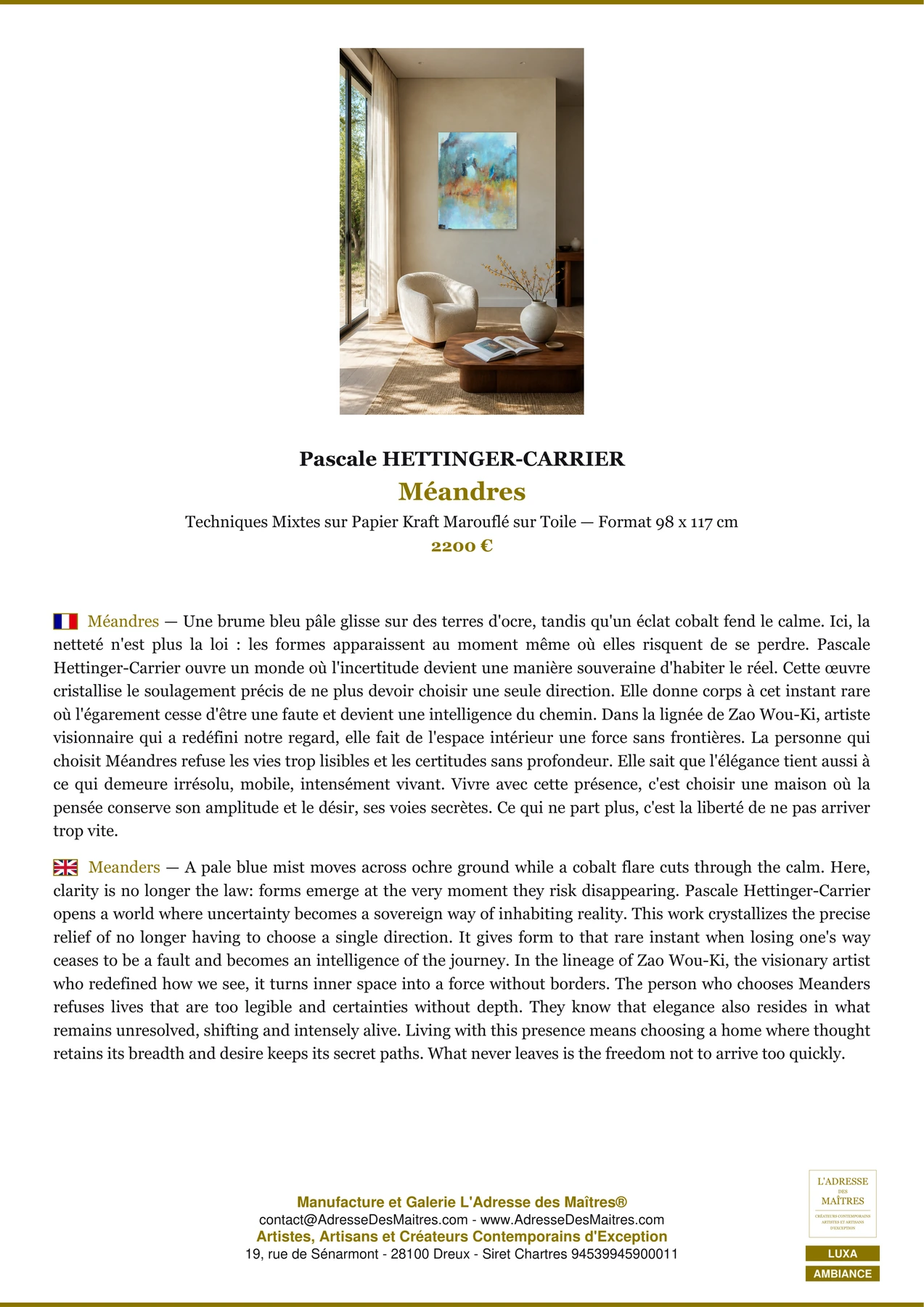 Fiche Premium Ambiance - Méandres - Pascale HETTINGER-CARRIER - L'Adresse des Maîtres®
