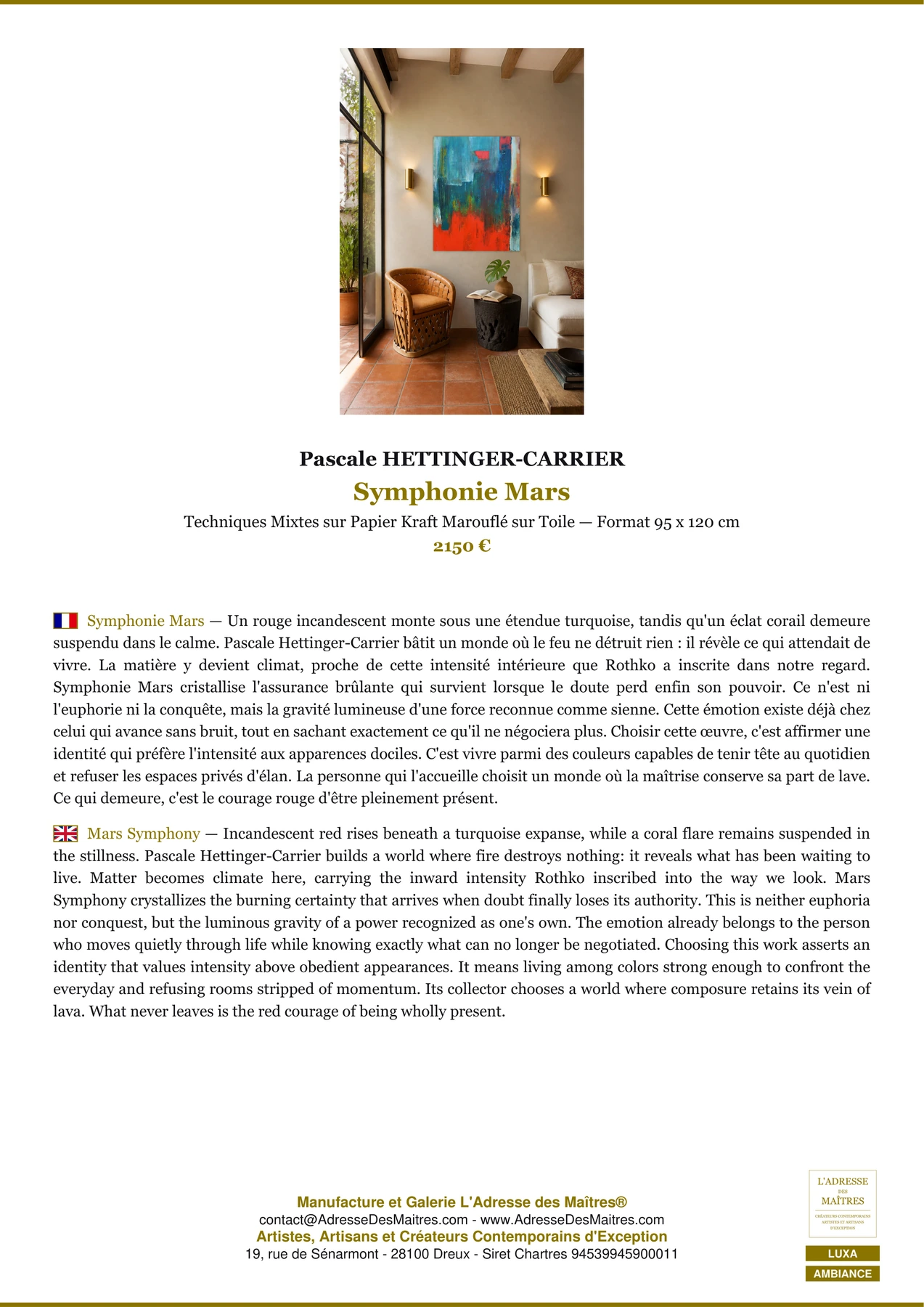 Fiche Premium Ambiance - Symphonie Mars - Pascale HETTINGER-CARRIER - L'Adresse des Maîtres®