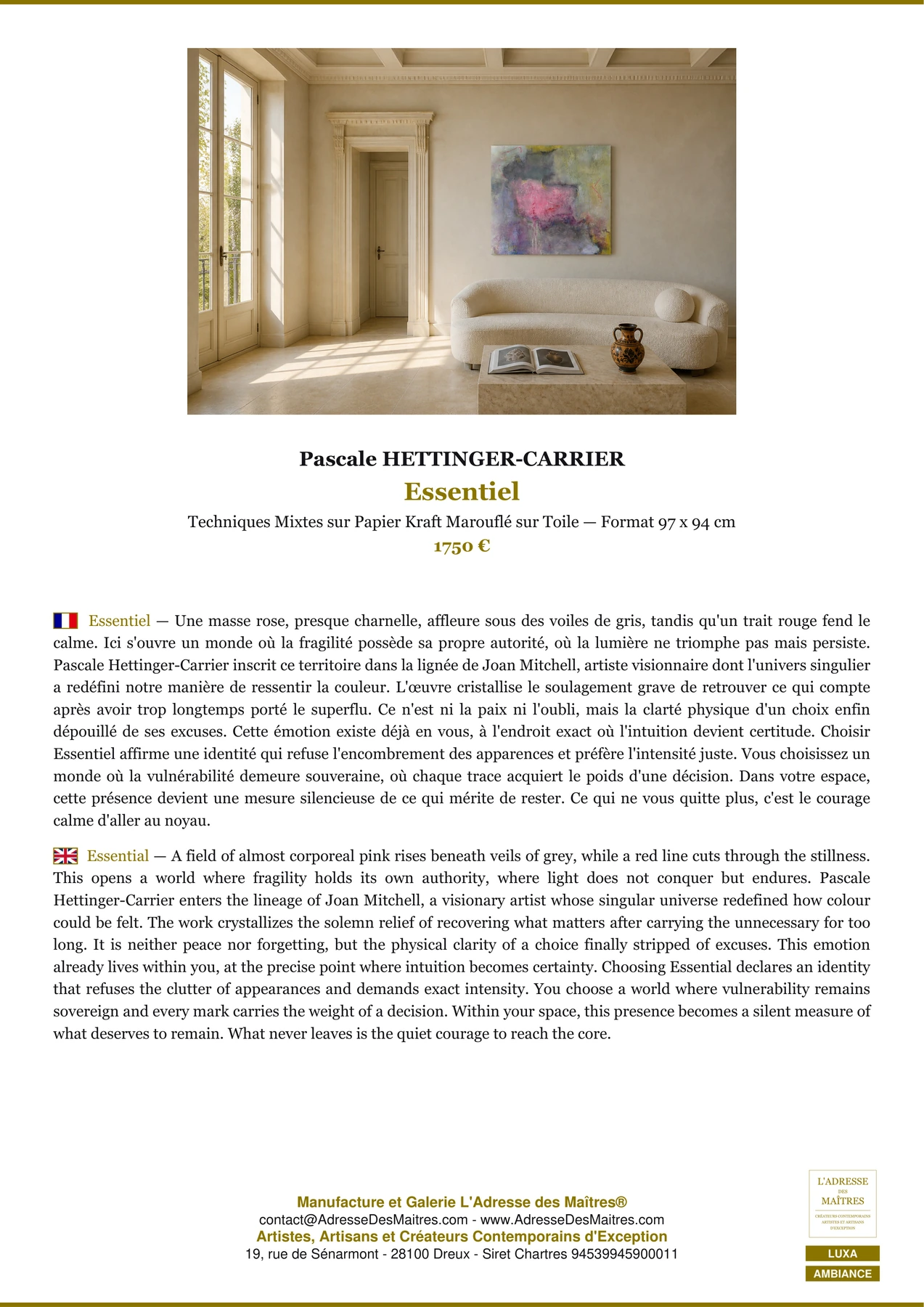 Fiche Premium Ambiance - Essentiel - Pascale HETTINGER-CARRIER - L'Adresse des Maîtres®