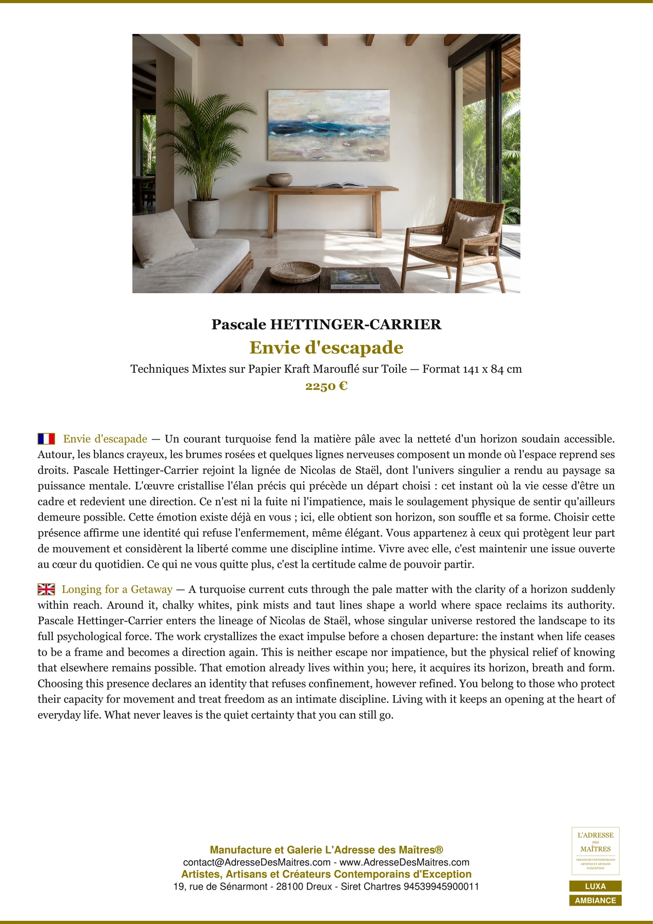 Fiche Premium Ambiance - Envie d'escapade - Pascale HETTINGER-CARRIER - L'Adresse des Maîtres®