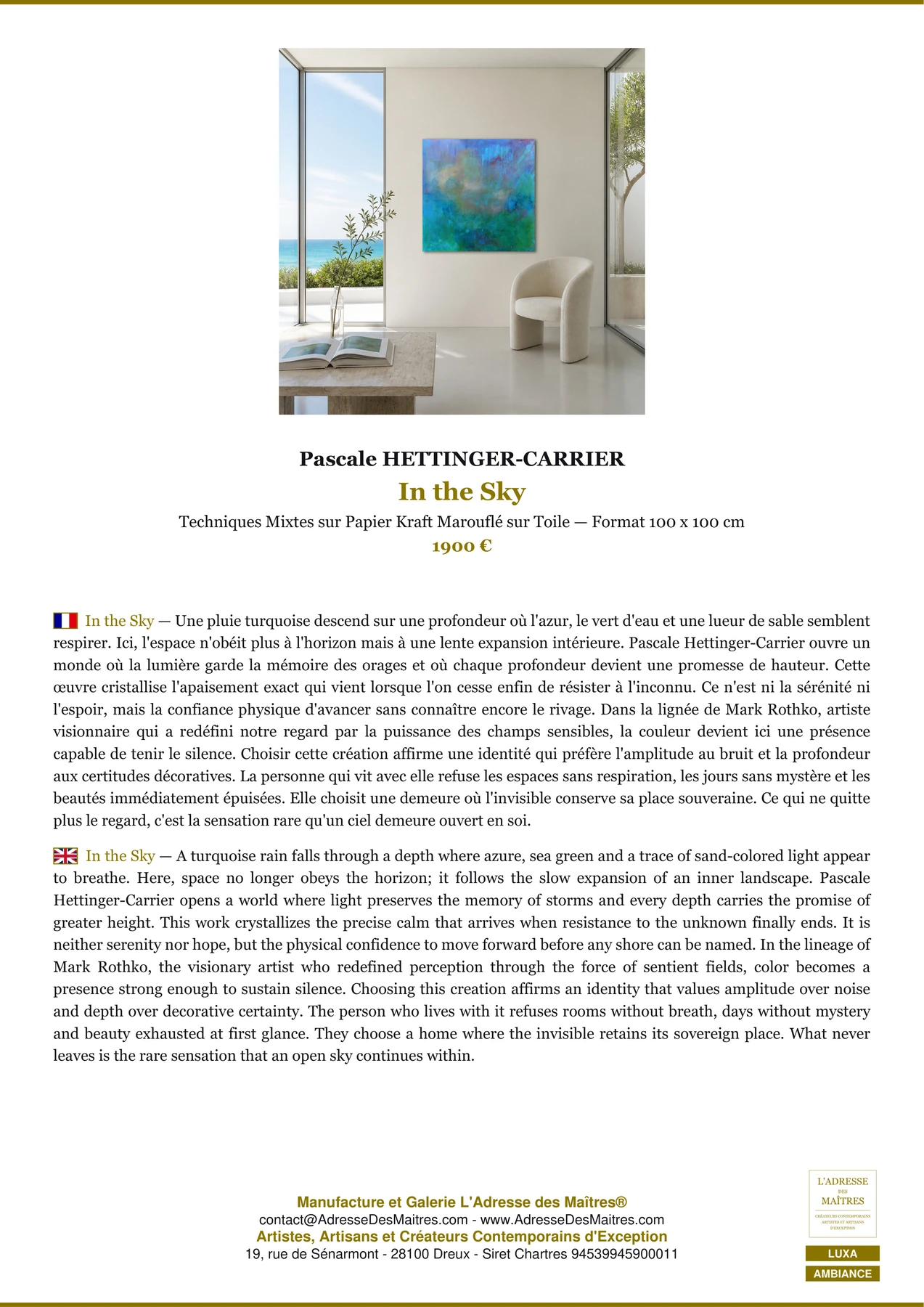 Fiche Premium Ambiance - In the Sky - Pascale HETTINGER-CARRIER - L'Adresse des Maîtres®