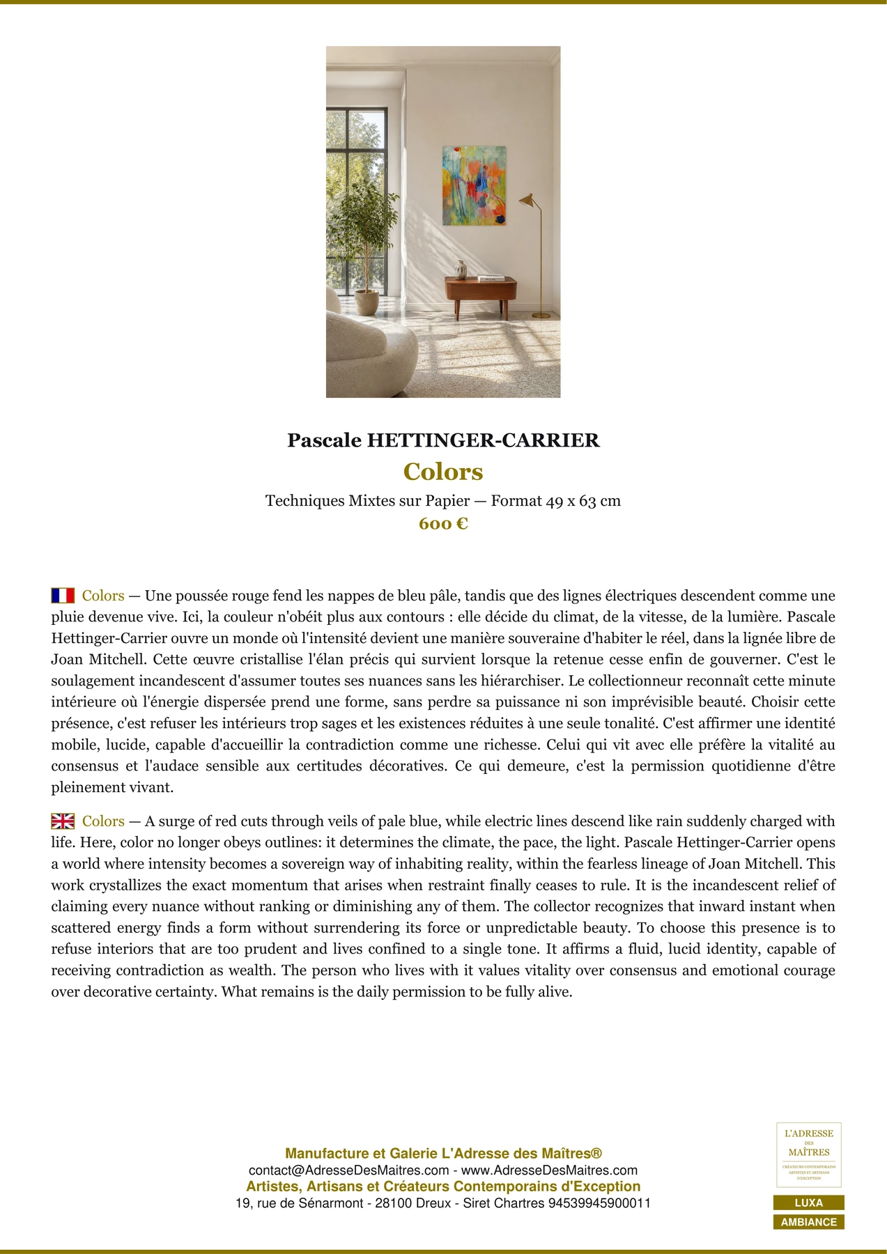 Fiche Premium Ambiance - Colors - Pascale HETTINGER-CARRIER - L'Adresse des Maîtres®