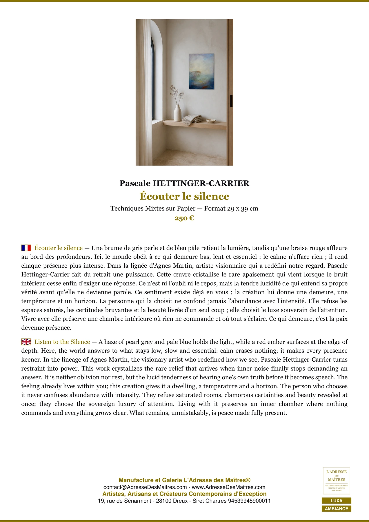Fiche Premium Ambiance - Écouter le silence - Pascale HETTINGER-CARRIER - L'Adresse des Maîtres®