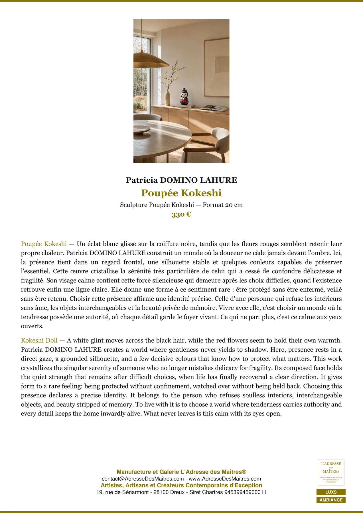 Fiche Premium Ambiance — Poupée Kokeshi — Patricia DOMINO LAHURE — L'Adresse des Maîtres®