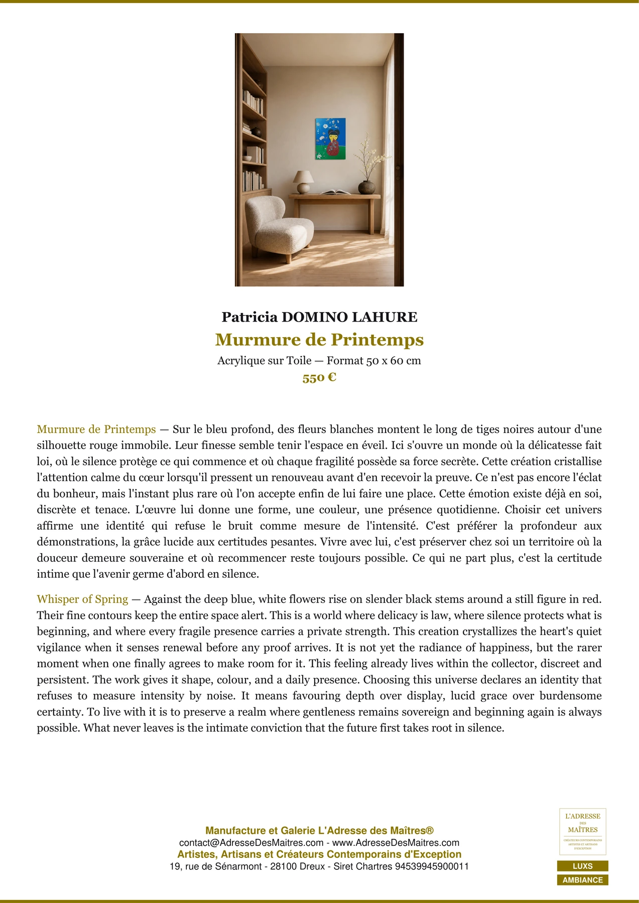 Fiche Premium Ambiance — Murmure de Printemps — Patricia DOMINO LAHURE — L'Adresse des Maîtres®