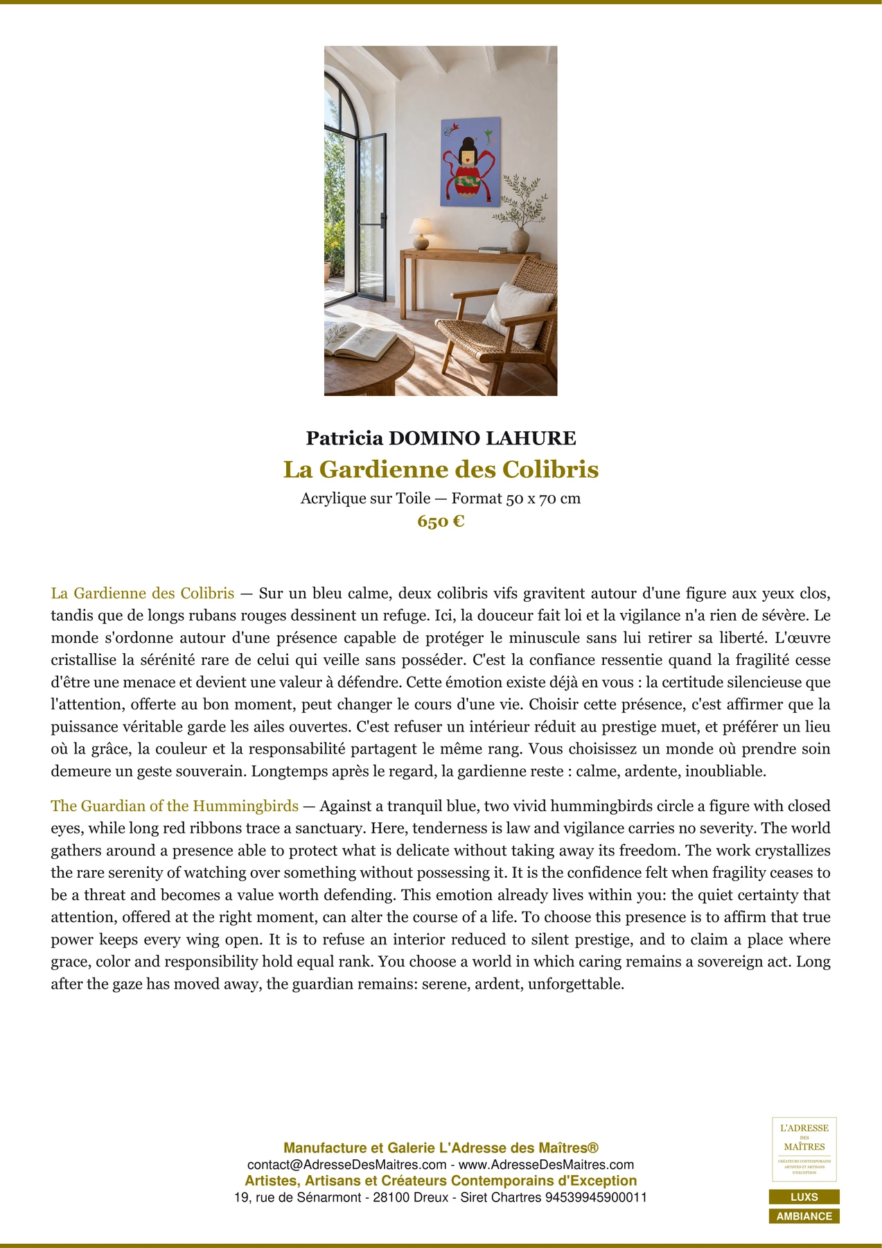 Fiche Premium Ambiance — La Gardienne des Colibris — Patricia DOMINO LAHURE — L'Adresse des Maîtres®