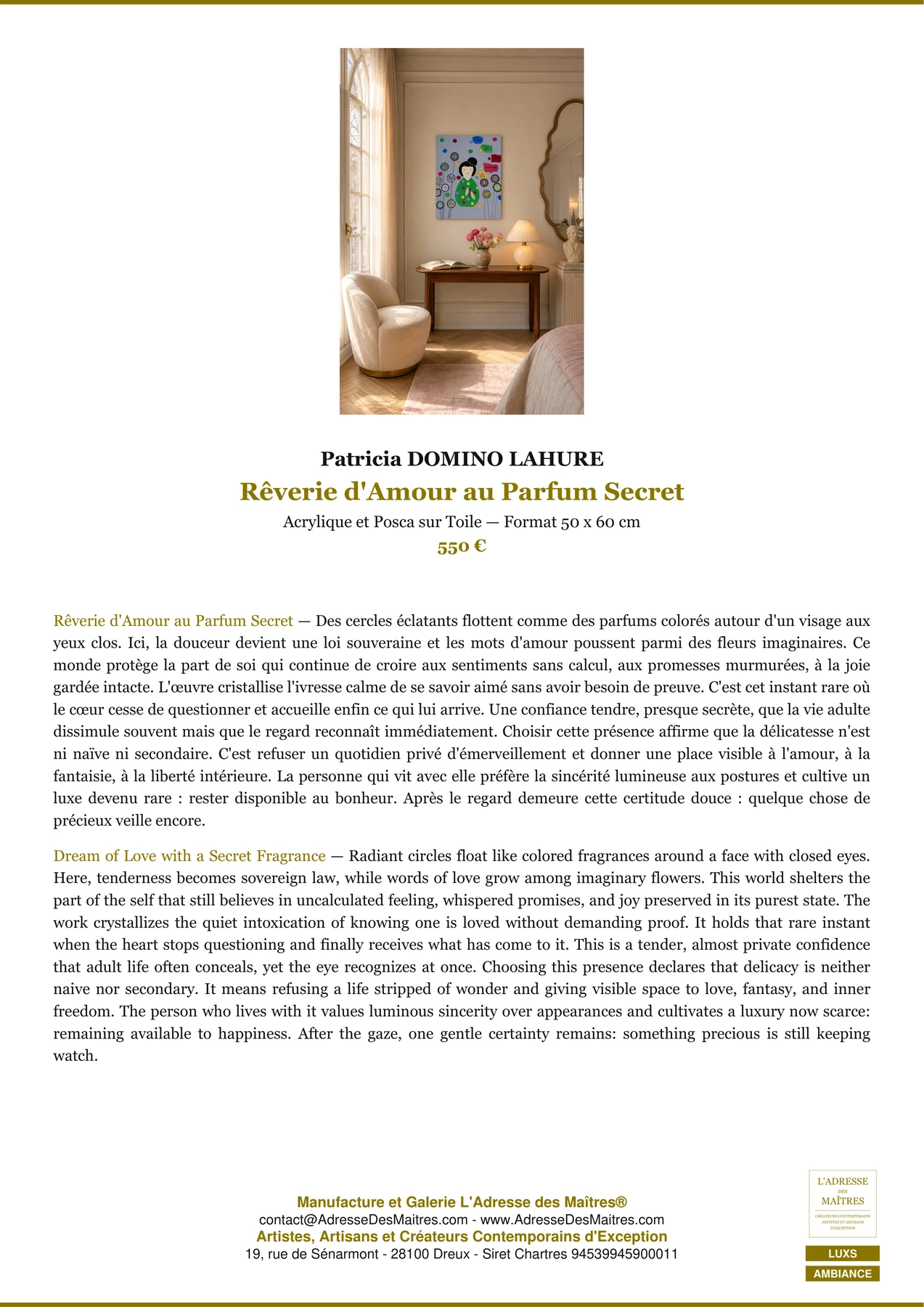 Fiche Premium Ambiance — Rêverie d'Amour au Parfum Secret — Patricia DOMINO LAHURE — L'Adresse des Maîtres®
