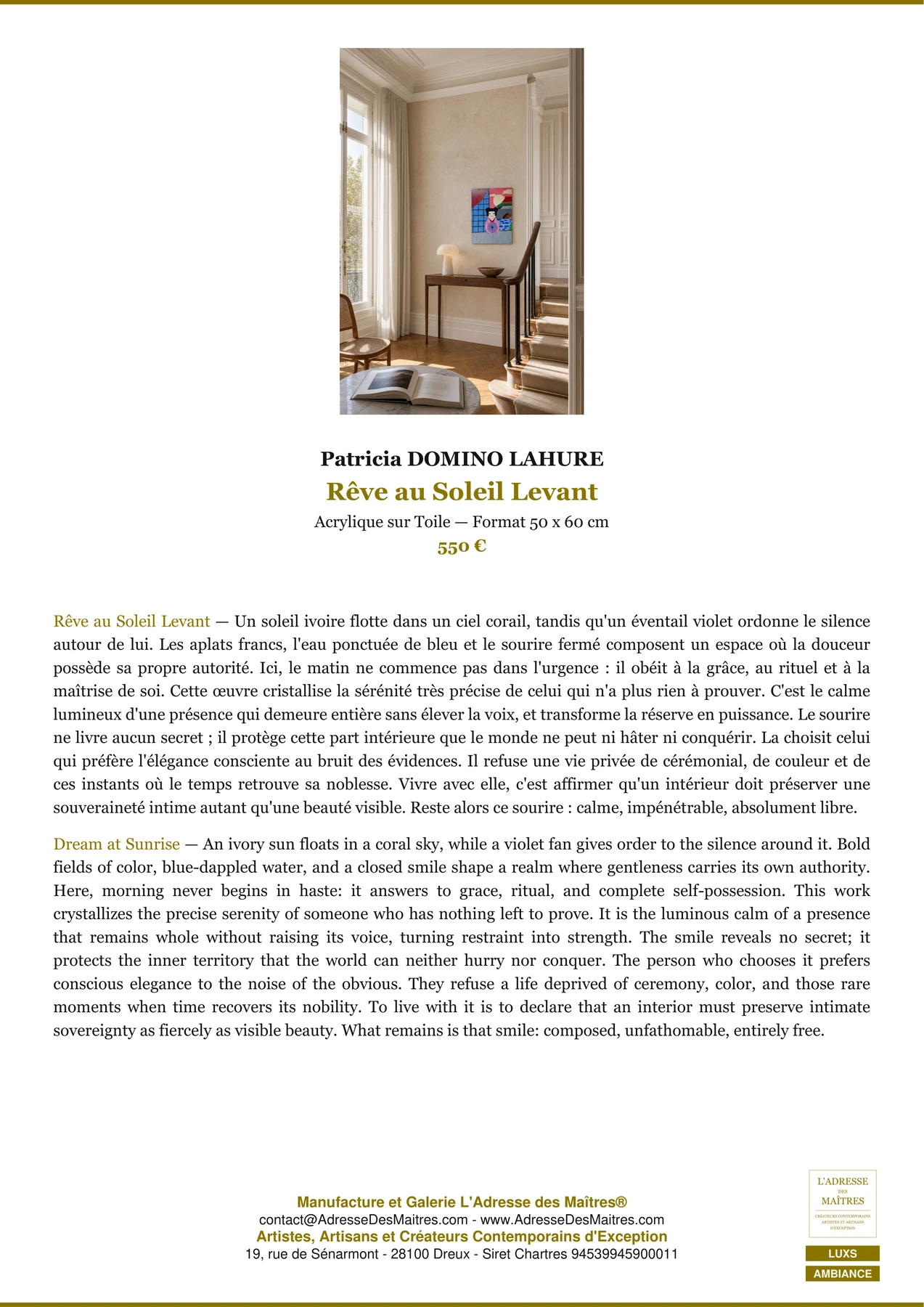 Fiche Premium Ambiance — Rêve au Soleil Levant — Patricia DOMINO LAHURE — L'Adresse des Maîtres®