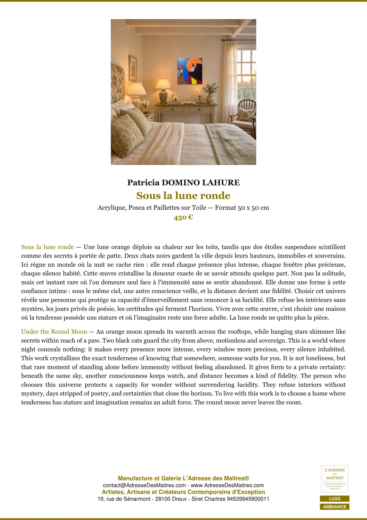 Fiche Premium Ambiance — Sous la lune ronde — Patricia DOMINO LAHURE — L'Adresse des Maîtres®