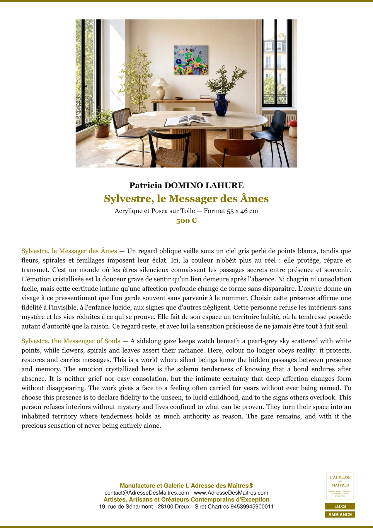 Fiche Premium Ambiance — Sylvestre, le Messager des Âmes — Patricia DOMINO LAHURE — L'Adresse des Maîtres®
