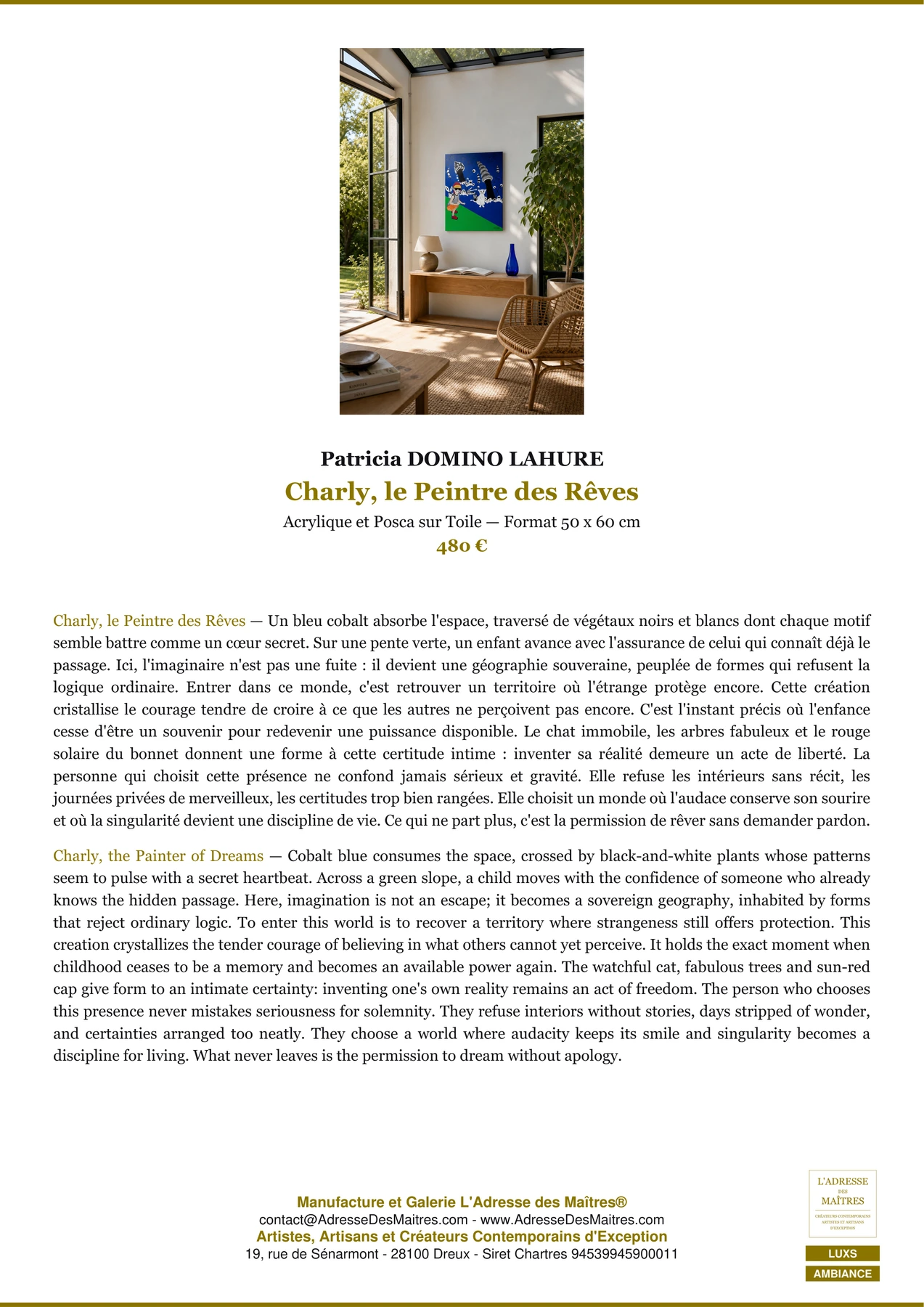 Fiche Premium Ambiance — Charly, le Peintre des Rêves — Patricia DOMINO LAHURE — L'Adresse des Maîtres®