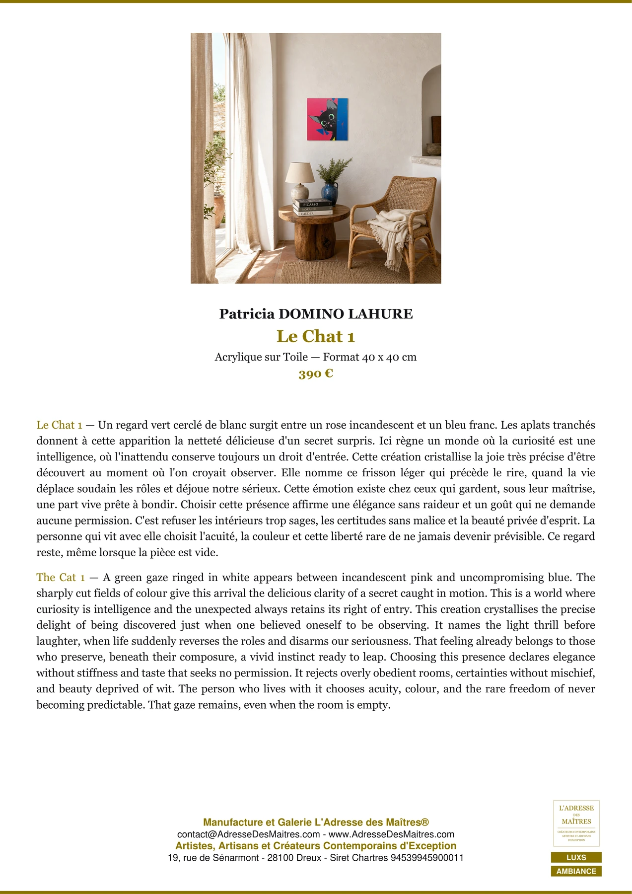 Fiche Premium Ambiance — Le Chat 1 — Patricia DOMINO LAHURE — L'Adresse des Maîtres®