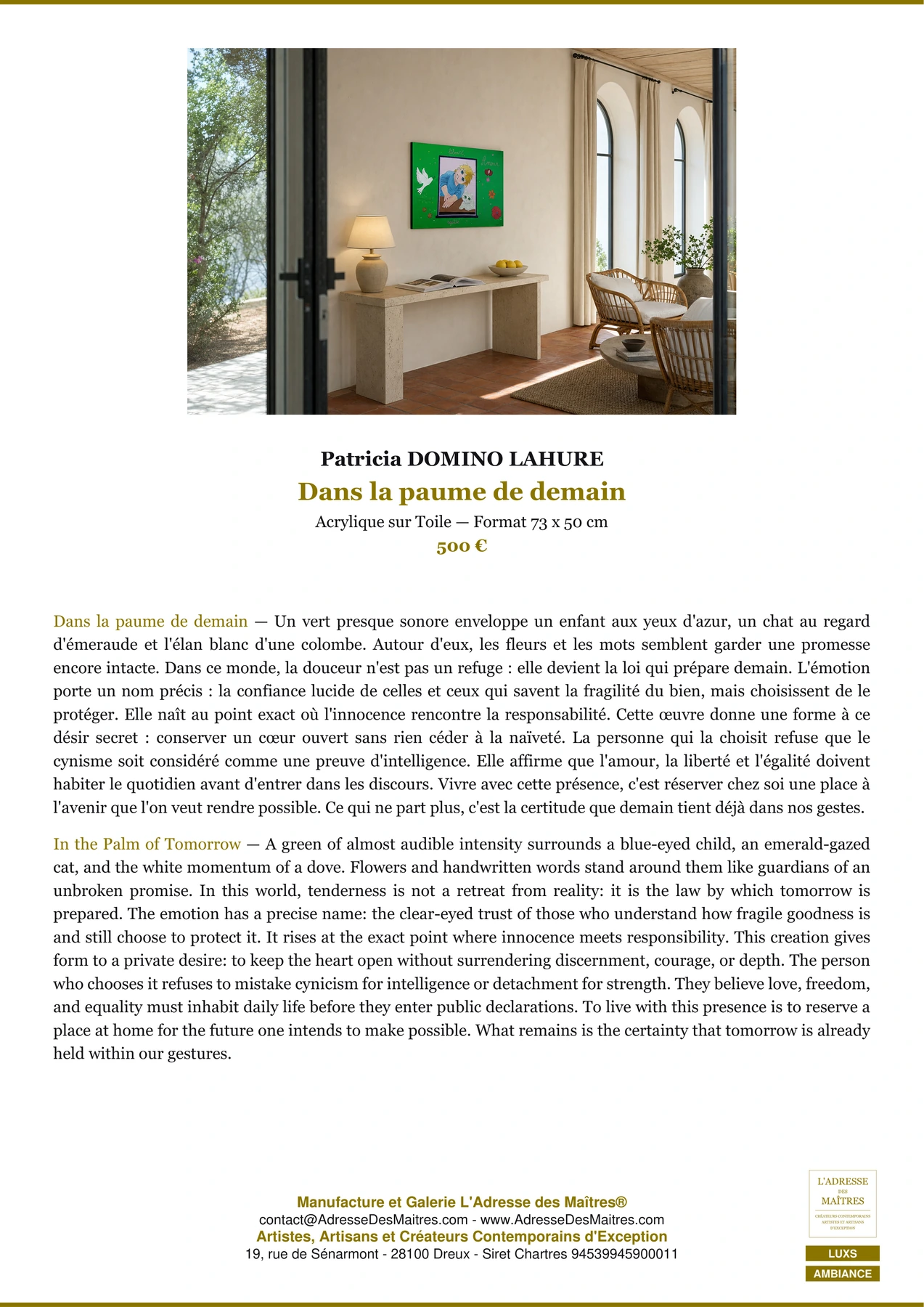 Fiche Premium Ambiance — Dans la paume de demain — Patricia DOMINO LAHURE — L'Adresse des Maîtres®