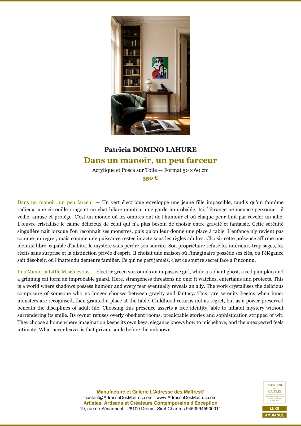 Fiche Premium Ambiance — Dans un manoir, un peu farceur — Patricia DOMINO LAHURE — L'Adresse des Maîtres®