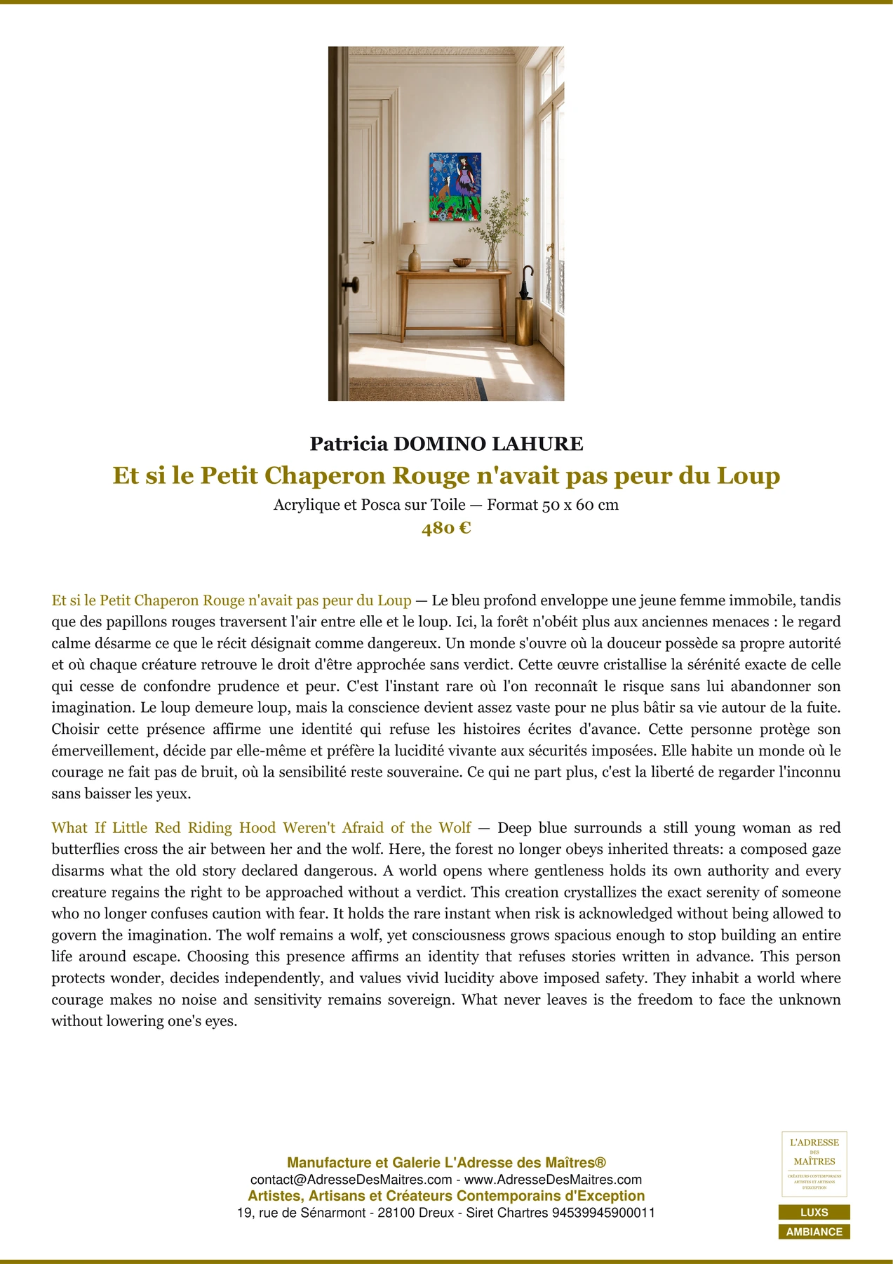 Fiche Premium Ambiance — Et si le Petit Chaperon Rouge n'avait pas peur du Loup — Patricia DOMINO LAHURE — L'Adresse des Maîtres®