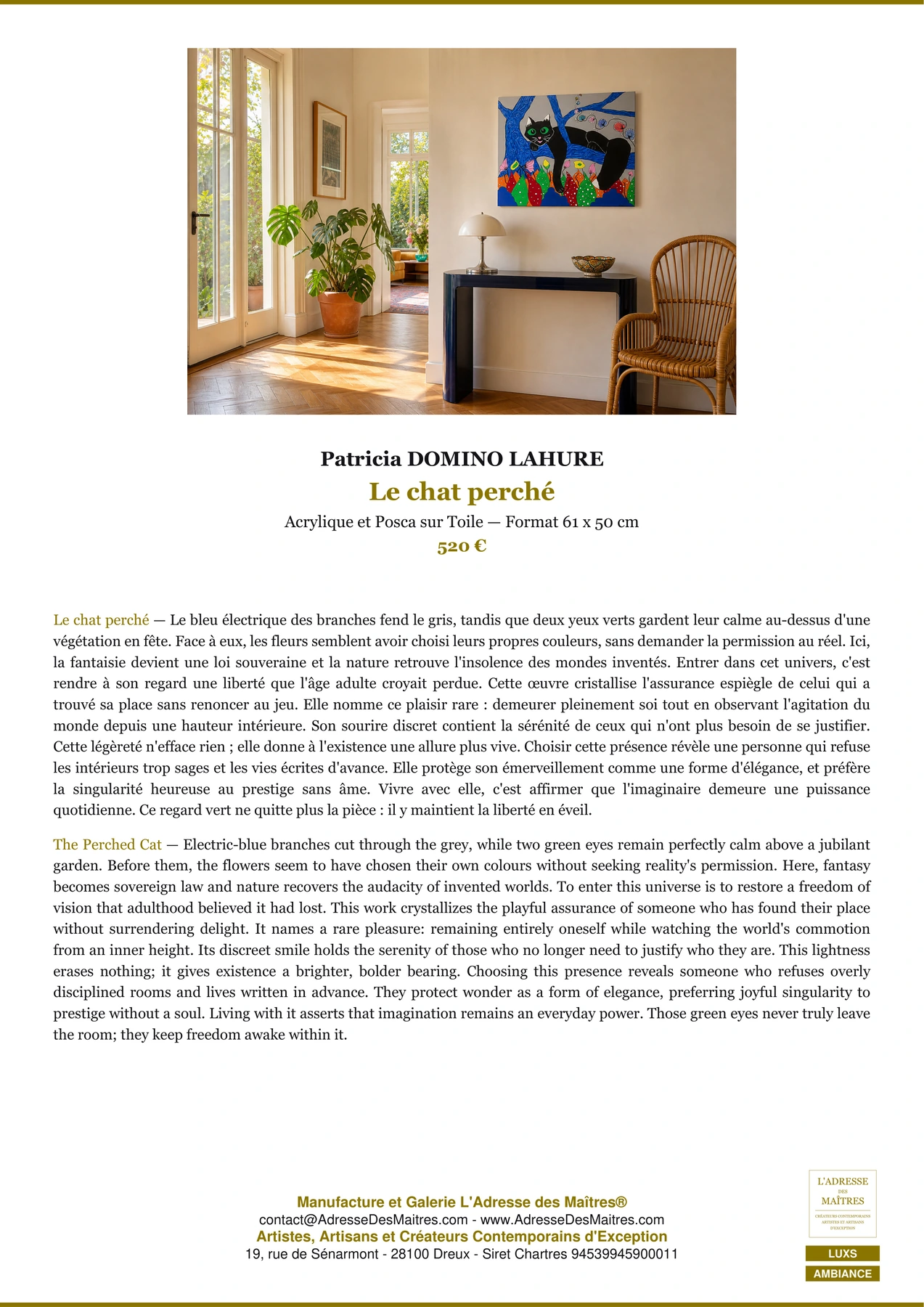 Fiche Premium Ambiance — Le chat perché — Patricia DOMINO LAHURE — L'Adresse des Maîtres®