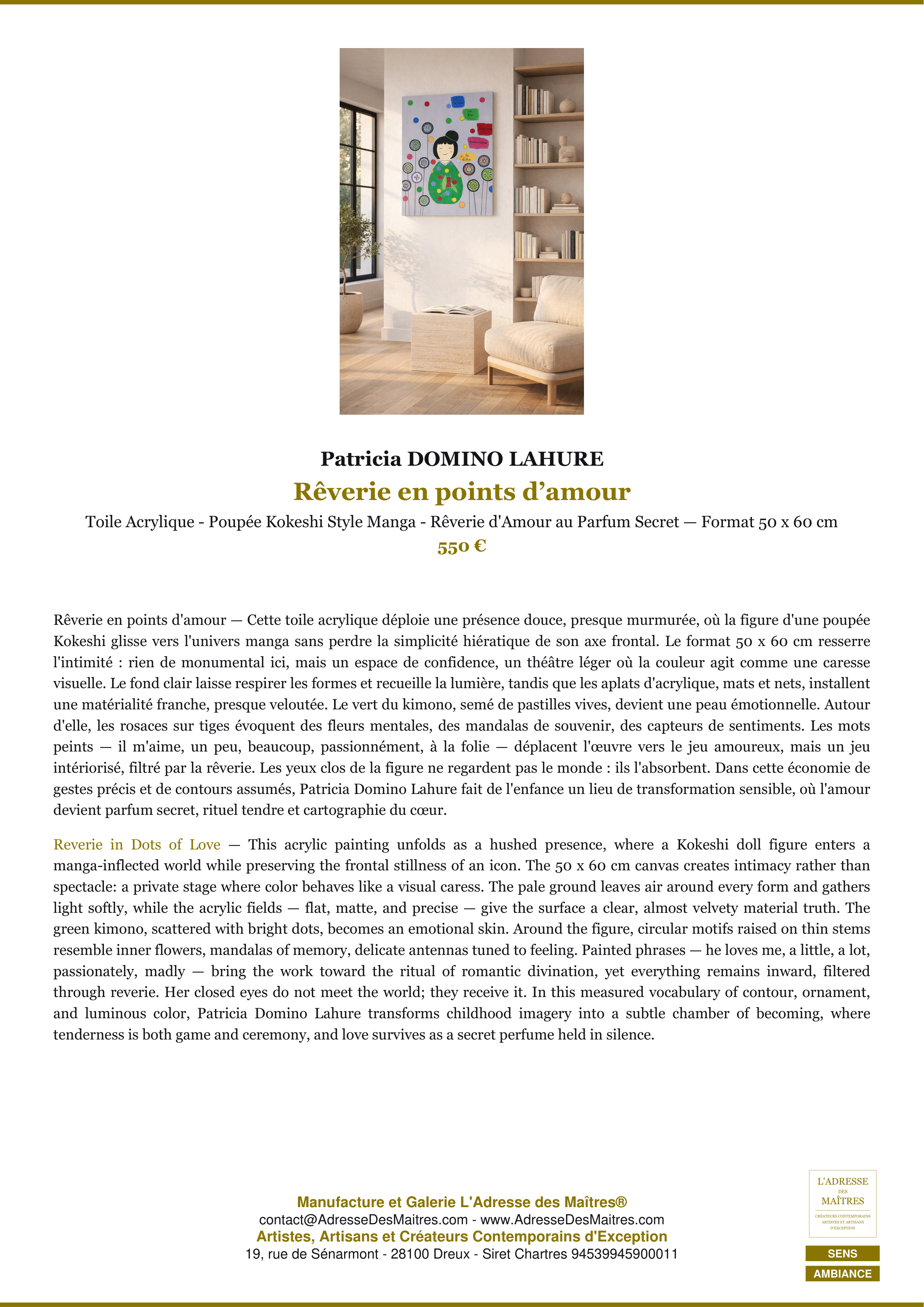 Fiche Premium Ambiance — Rêverie en points d’amour — Patricia DOMINO LAHURE — L'Adresse des Maîtres®