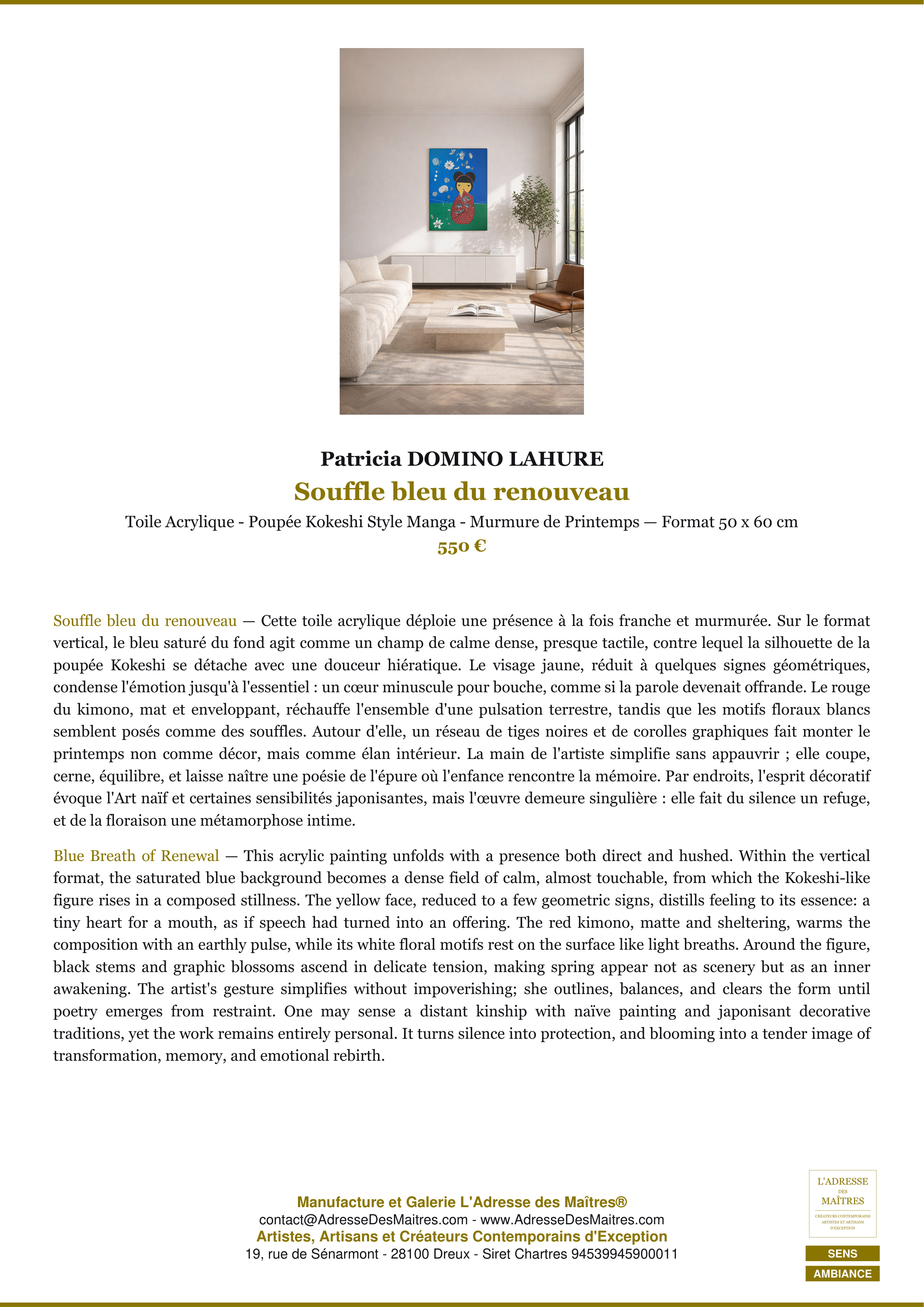 Fiche Premium Ambiance — Souffle bleu du renouveau — Patricia DOMINO LAHURE — L'Adresse des Maîtres®