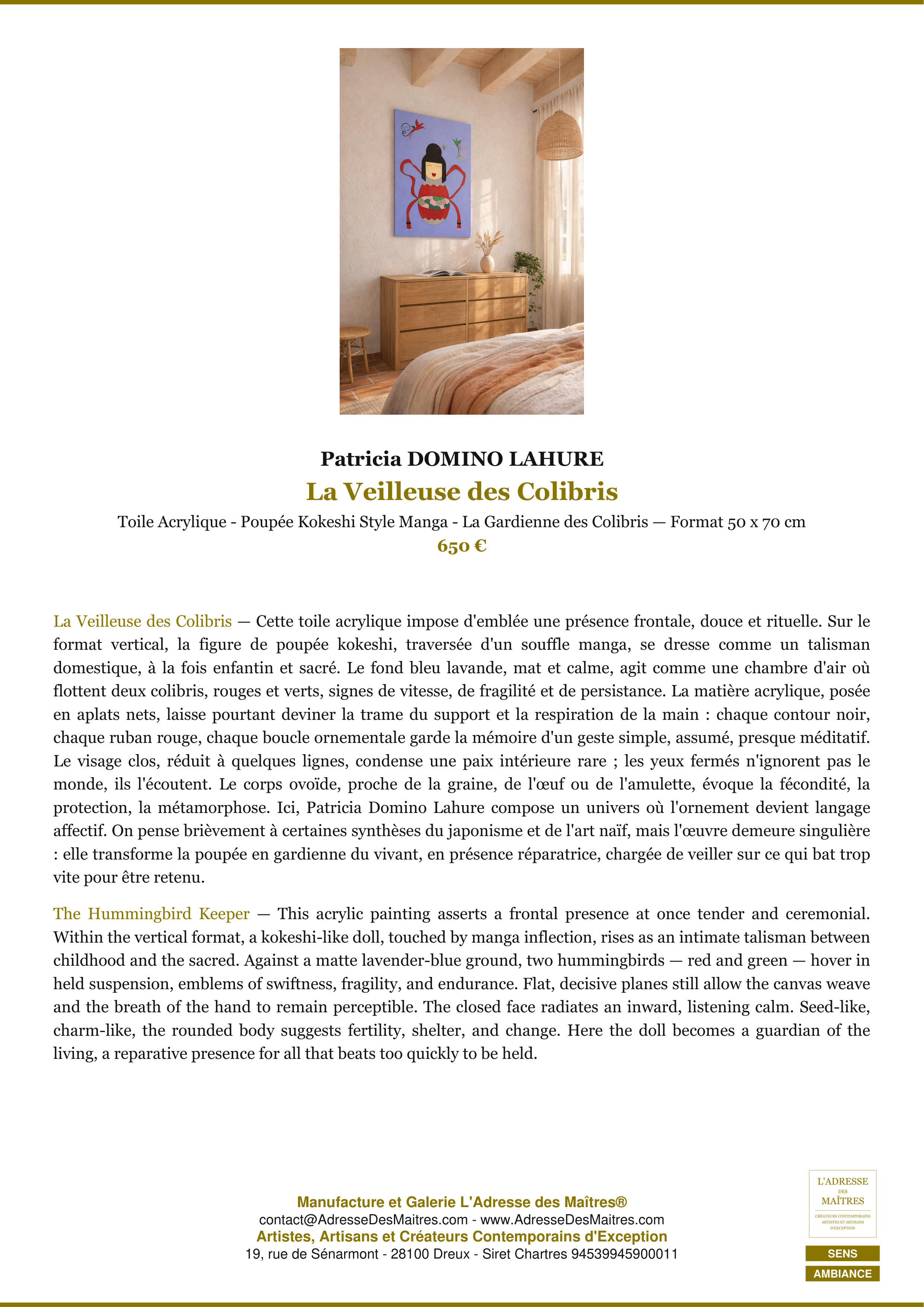 Fiche Premium Ambiance — La Veilleuse des Colibris — Patricia DOMINO LAHURE — L'Adresse des Maîtres®