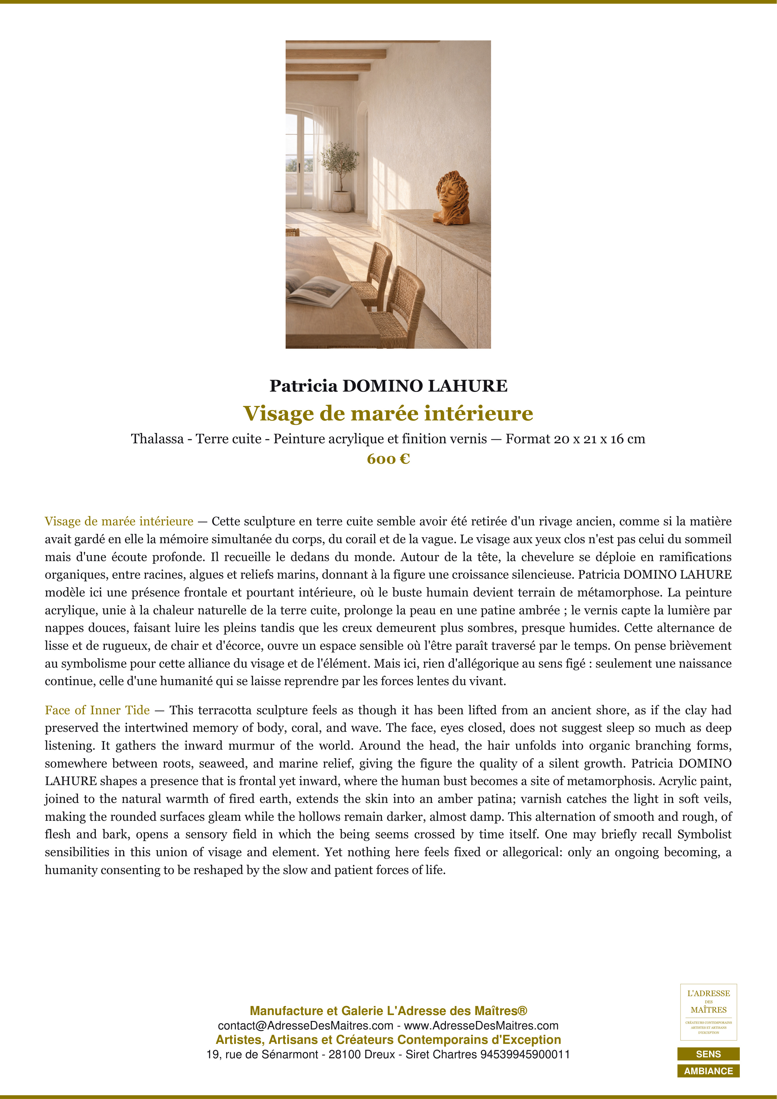 Fiche Premium Ambiance — Visage de marée intérieure — Patricia DOMINO LAHURE — L'Adresse des Maîtres®