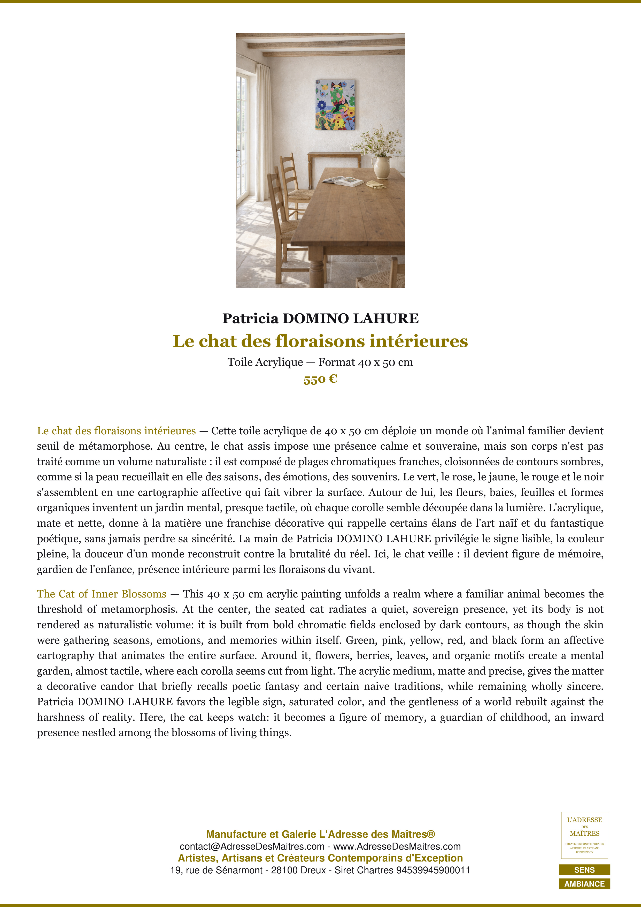 Fiche Premium Ambiance — Le chat des floraisons intérieures — Patricia DOMINO LAHURE — L'Adresse des Maîtres®
