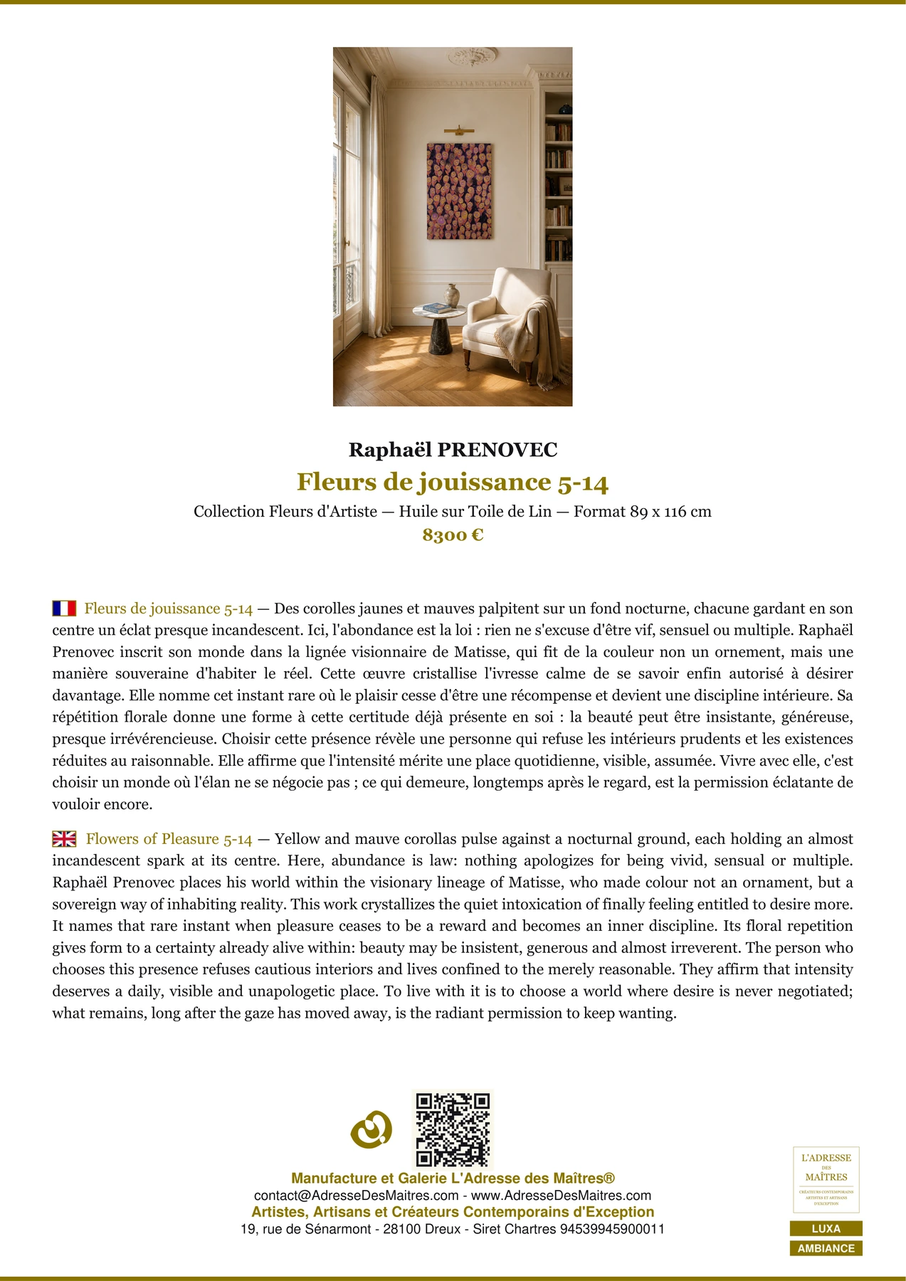 Fiche Premium Ambiance - Fleurs de jouissance 5-14 - Raphaël PRENOVEC - L'Adresse des Maîtres®