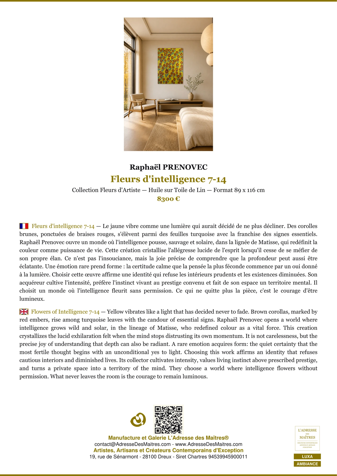 Fiche Premium Ambiance - Fleurs d'intelligence 7-14 - Raphaël PRENOVEC - L'Adresse des Maîtres®