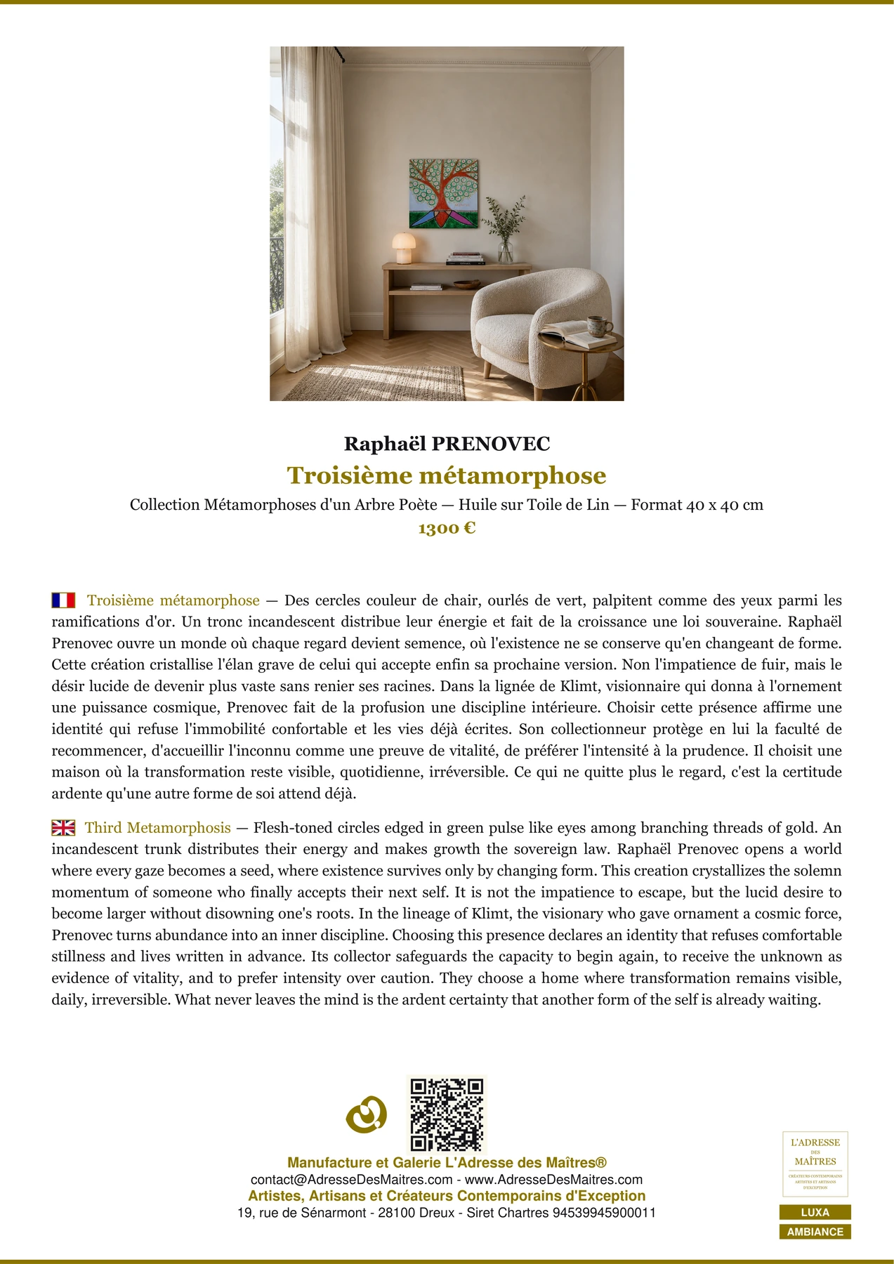 Fiche Premium Ambiance - Troisième métamorphose - Raphaël PRENOVEC - L'Adresse des Maîtres®
