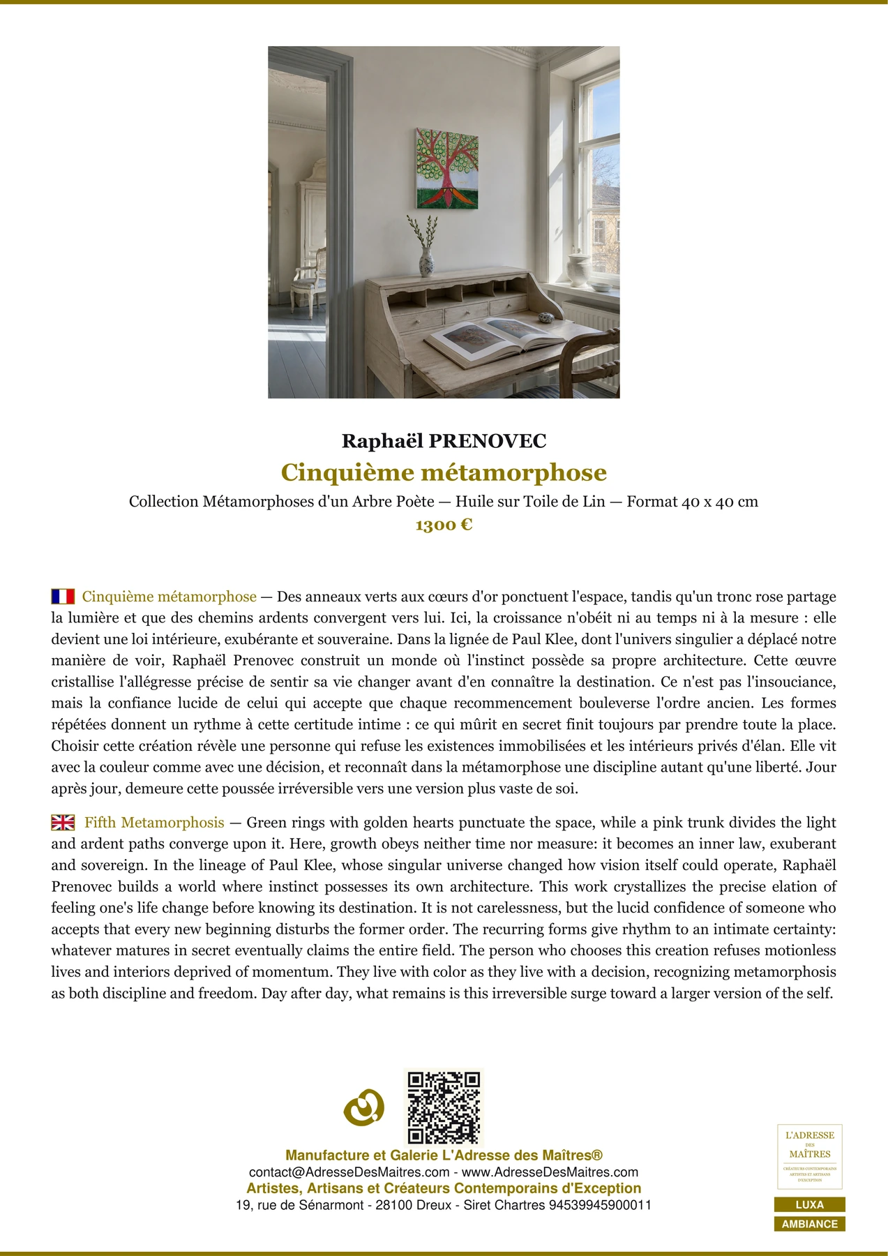 Fiche Premium Ambiance - Cinquième métamorphose - Raphaël PRENOVEC - L'Adresse des Maîtres®