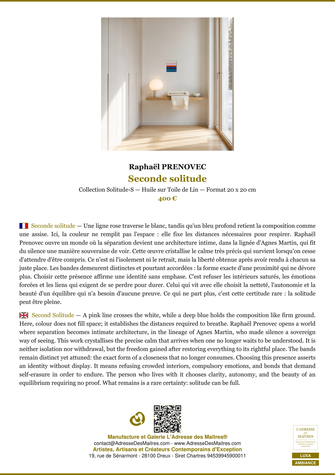 Fiche Premium Ambiance - Seconde solitude - Raphaël PRENOVEC - L'Adresse des Maîtres®