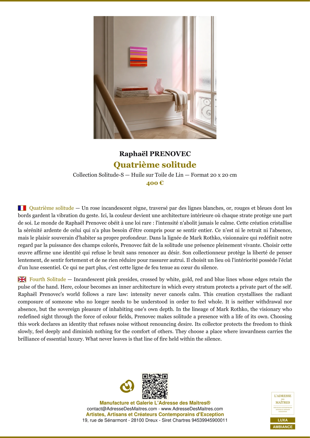Fiche Premium Ambiance - Quatrième solitude - Raphaël PRENOVEC - L'Adresse des Maîtres®